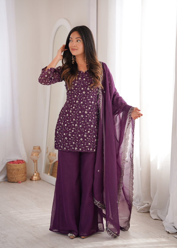Crunchy Silk Embroidered Bell Bottom Set – Wine