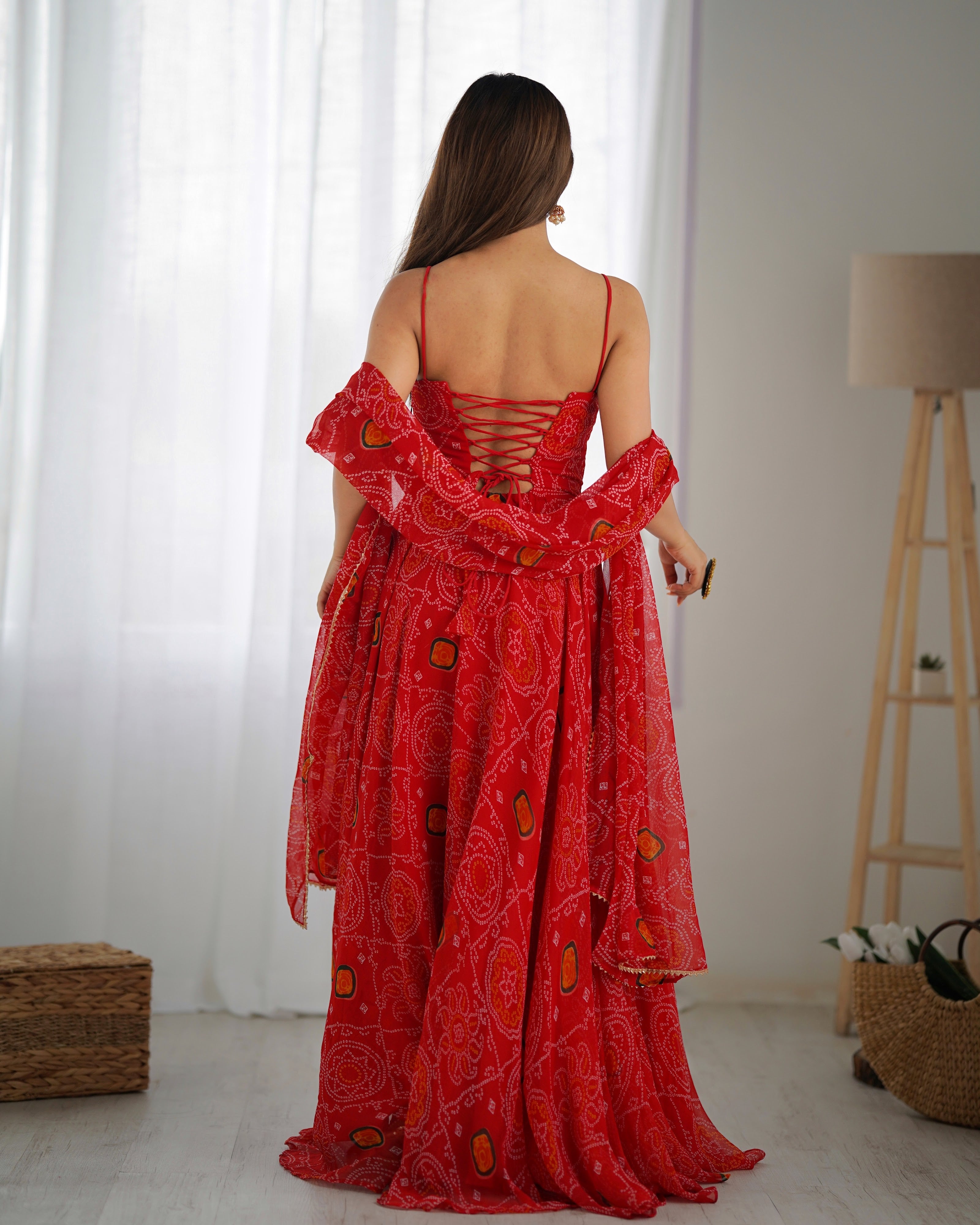 Soft Lightweight Chiffon Bandhej Embroidered Gown Set – Red