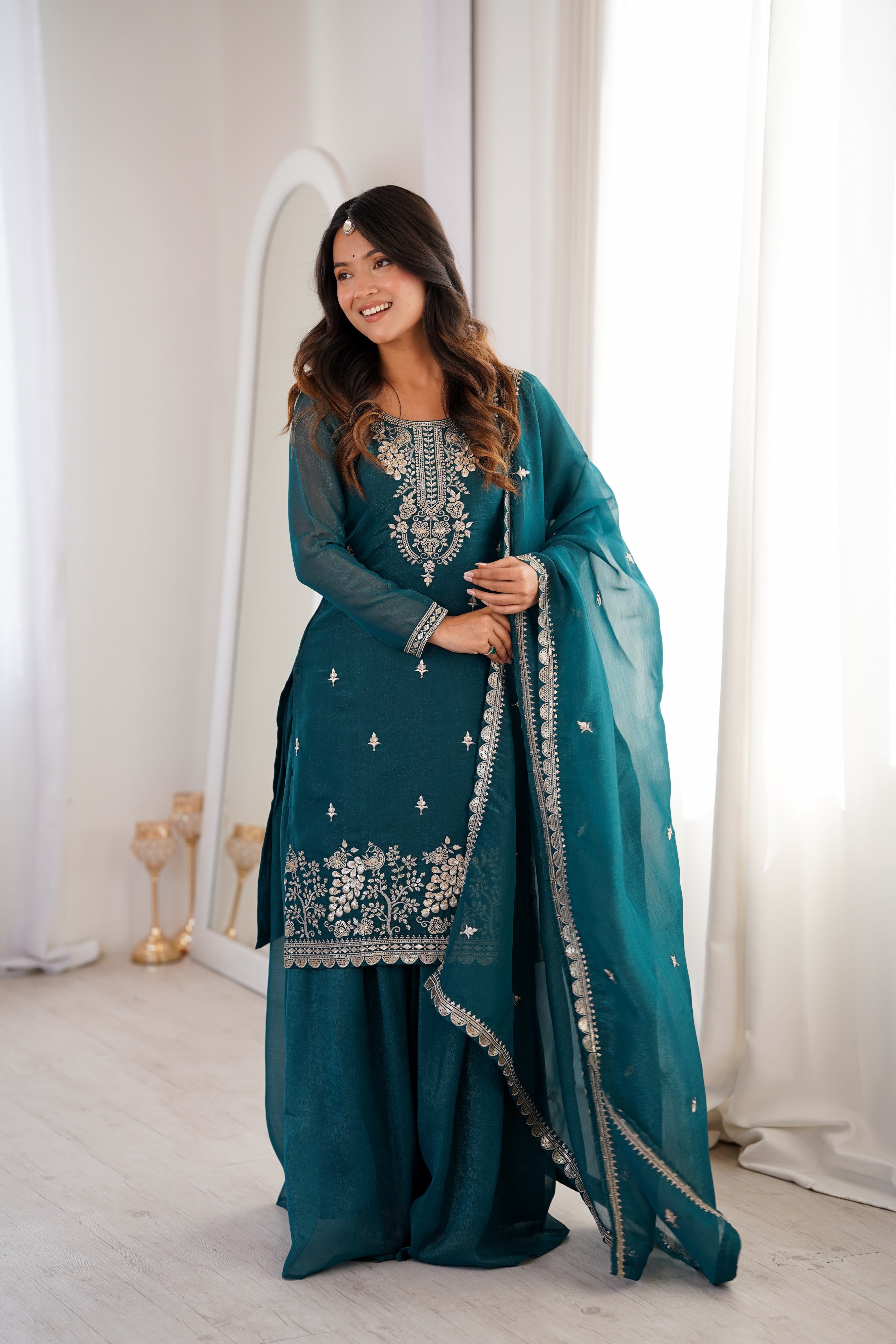 Crunchy Silk Embroidered Sharara Set – Teal Blue
