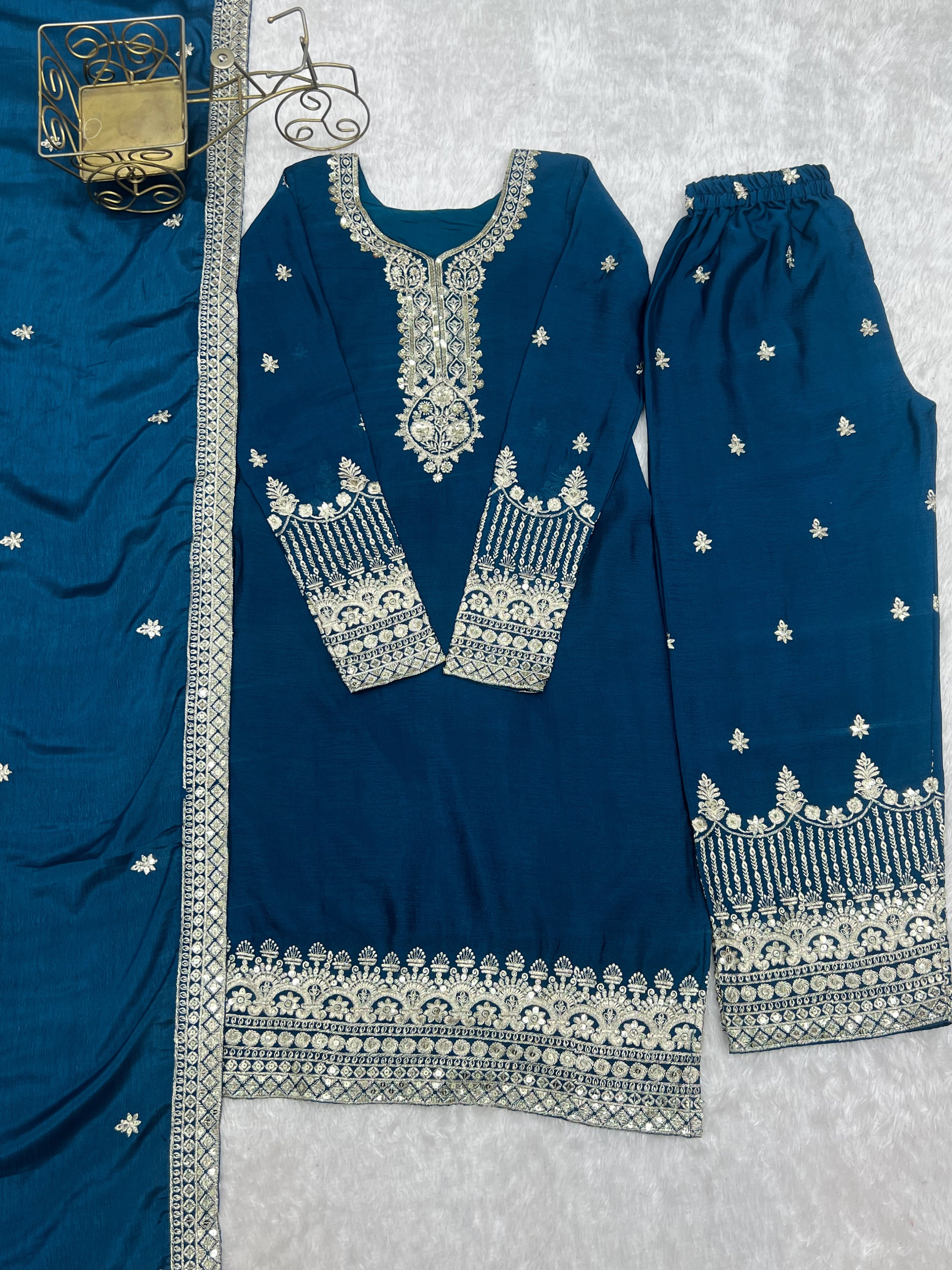 Chinon Silk Embroidered Straight Kurta Set – Navy Blue