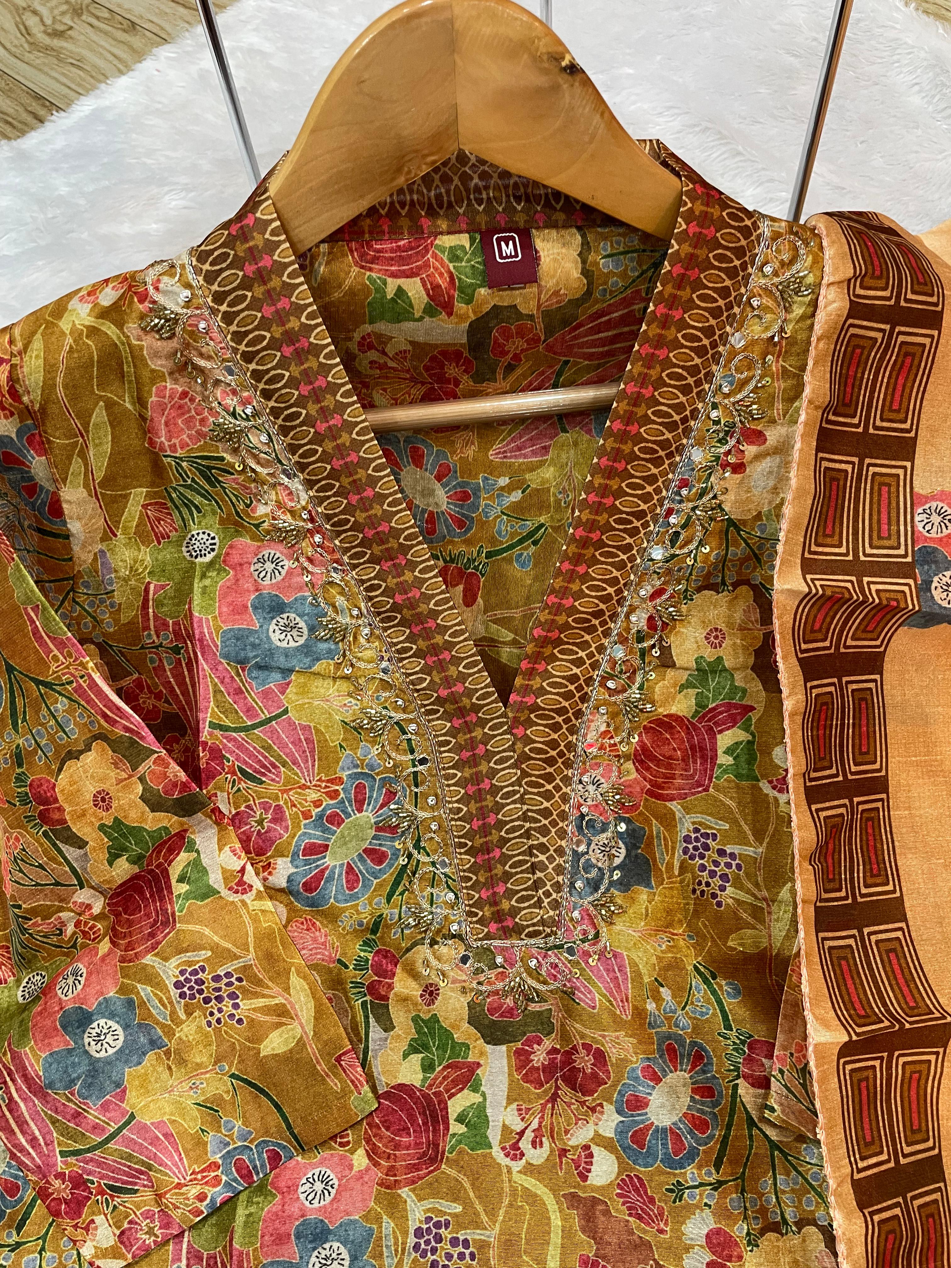 Zarna Silk Embroidered Straight Kurti Set – Cocoa Brown