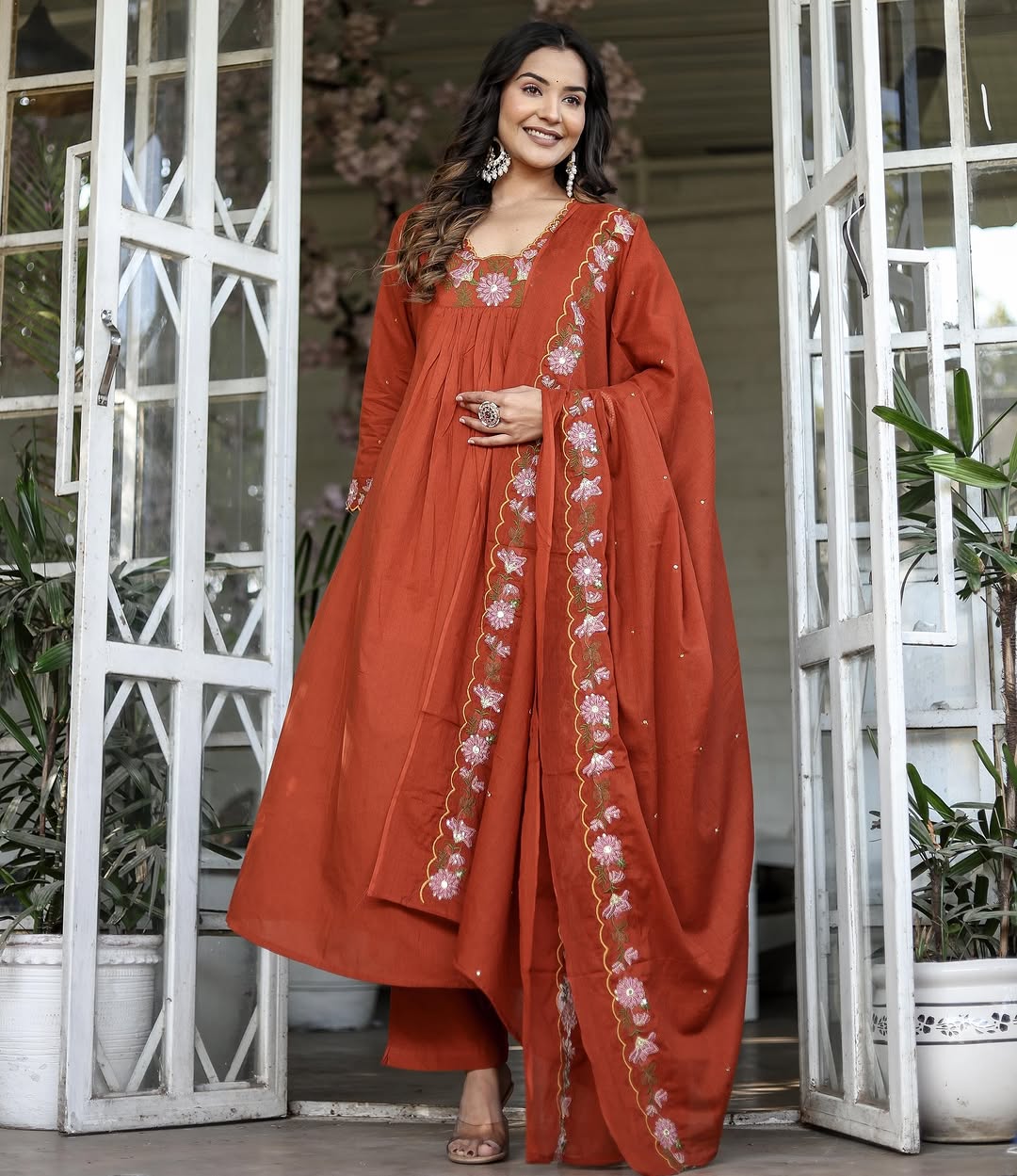 Soft Rayon Slub Embroidered Kurta Pant Dupatta Set – Orange