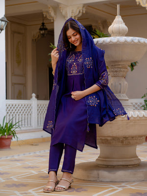 Pure Viscose Mango Silk Embroidered Straight Kurti Set – Violet