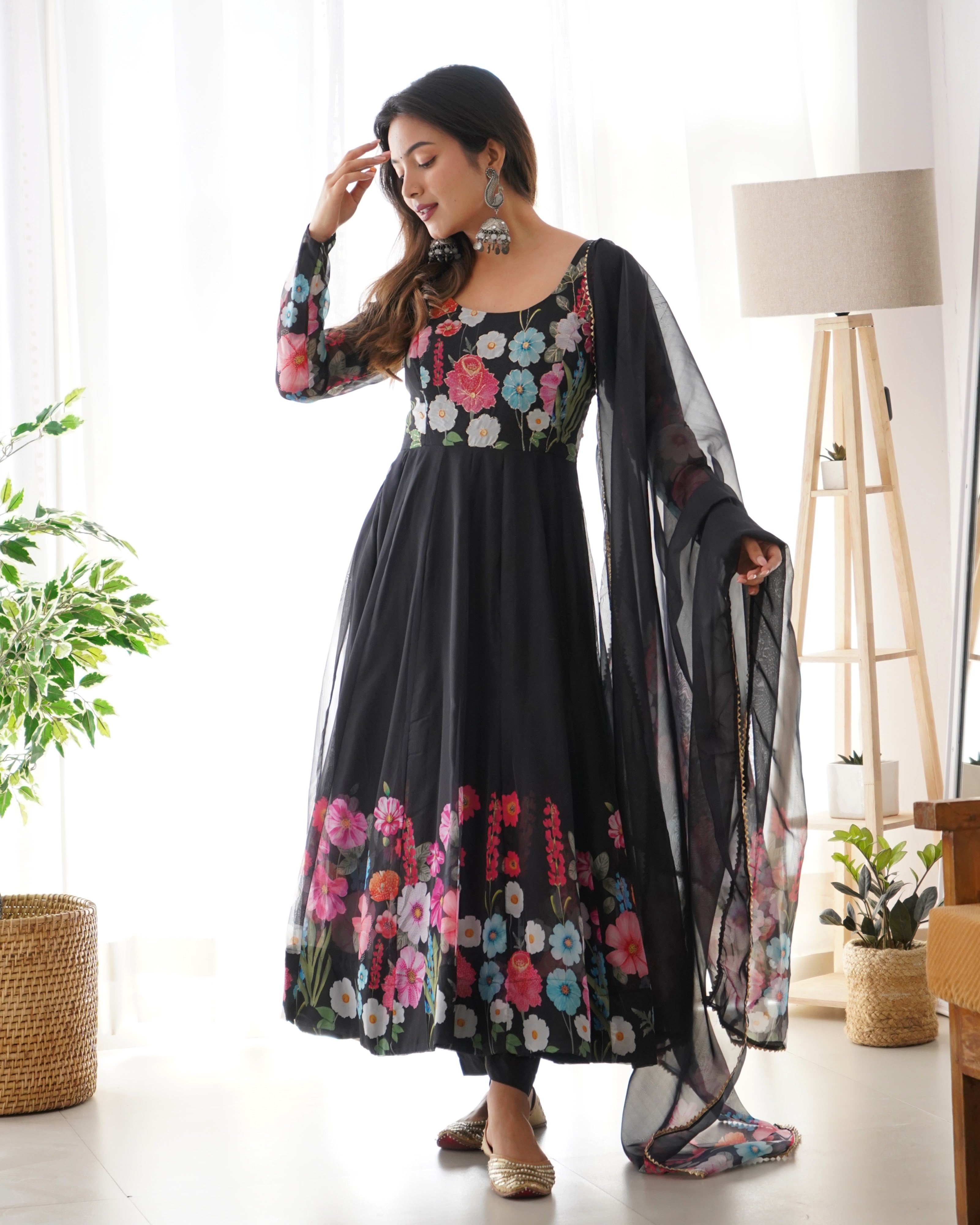 Organza Silk Printed Anarkali Set – Black