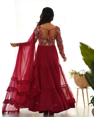 Georgette Embroidered Anarkali Set – Wine