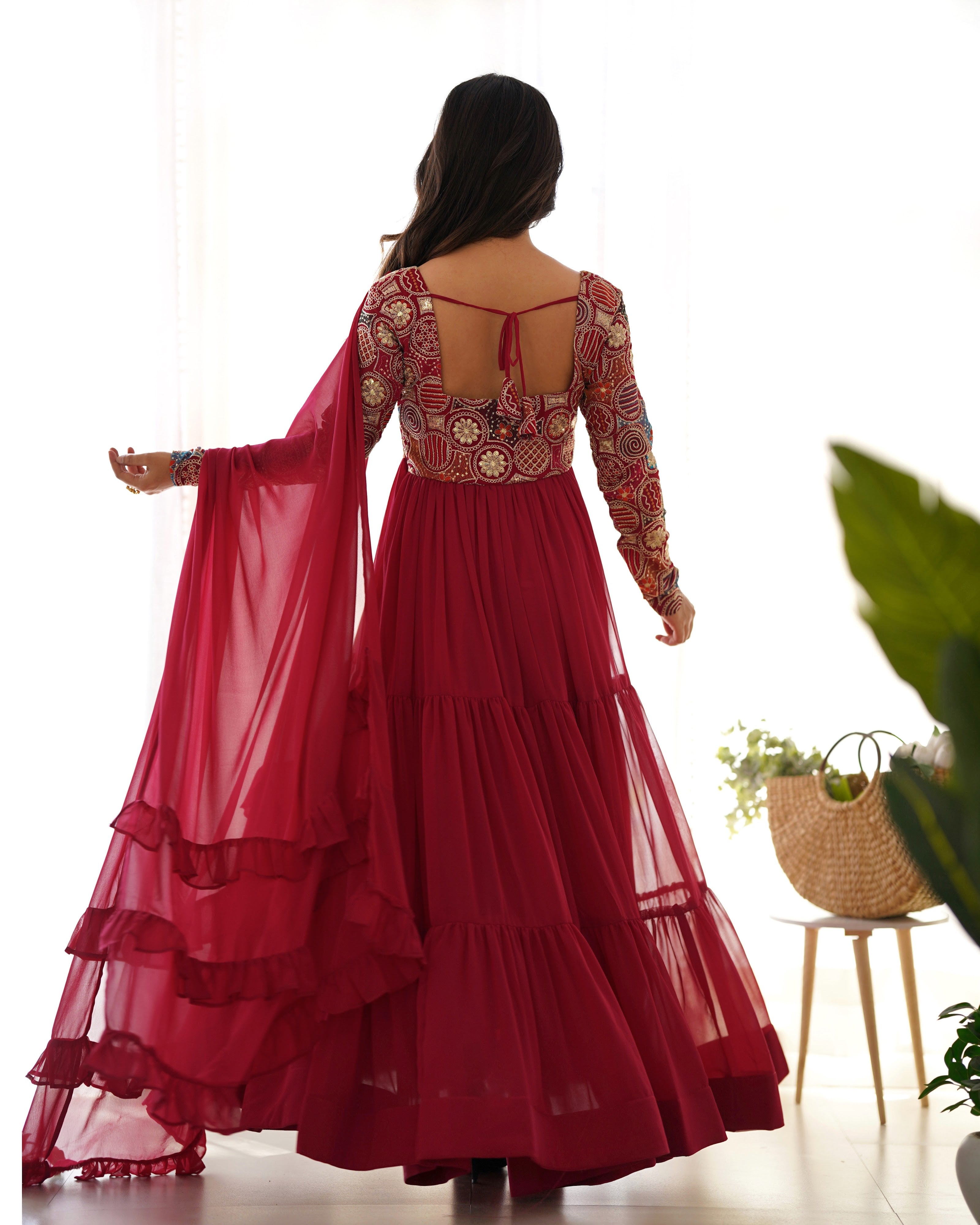 Georgette Embroidered Anarkali Set – Wine