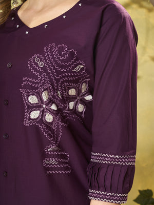 Pure Cotton Embroidered Co-Ords Set – Wine