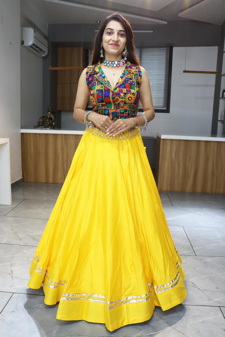 Navratri Yellow Rayon Cotton Lehenga Set