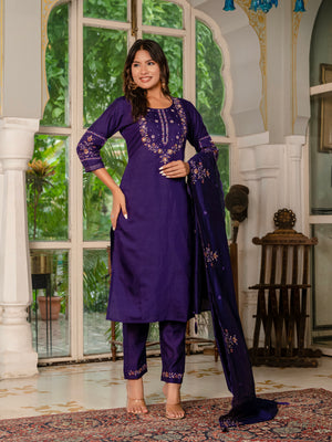 Marina Silk Embroidered Straight Kurti Set – Violet