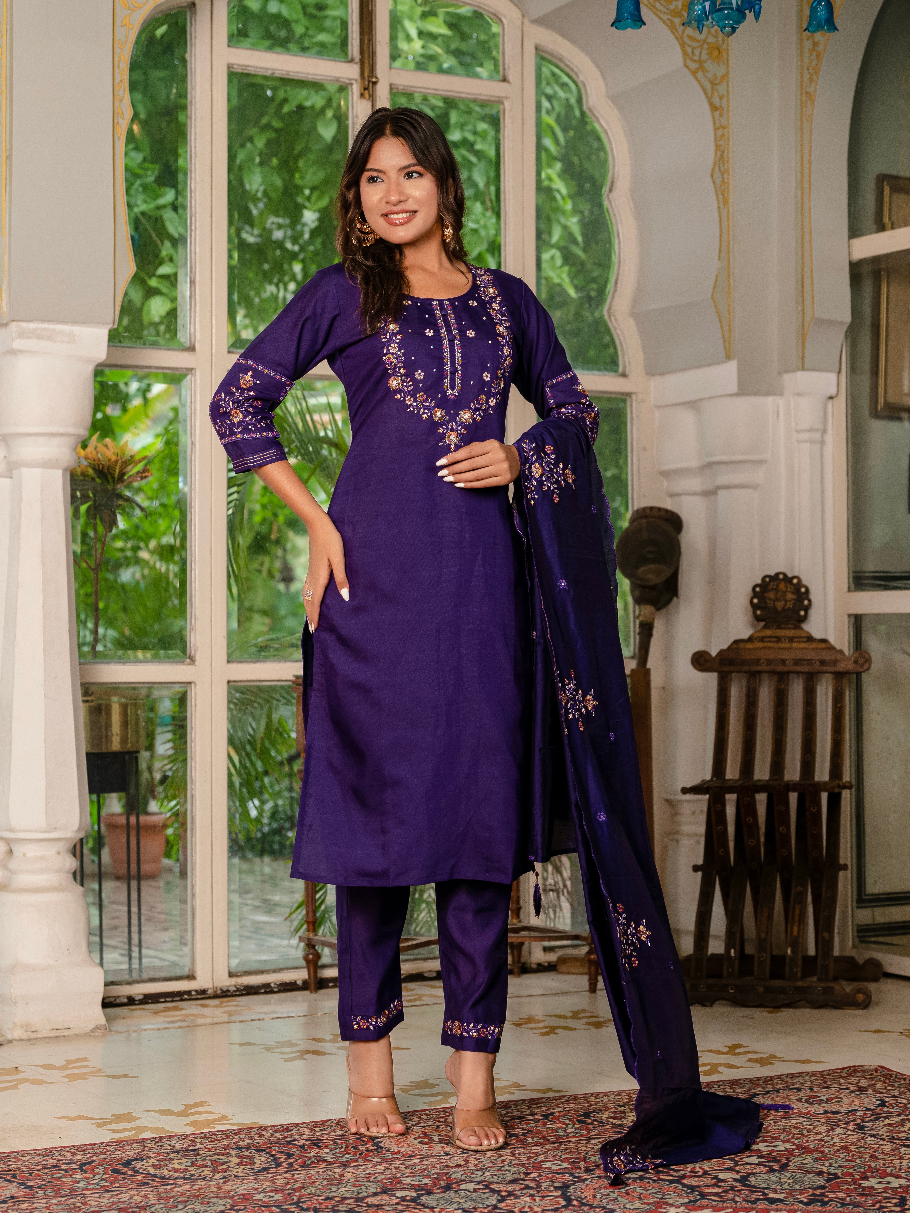 Marina Silk Embroidered Straight Kurti Set – Violet