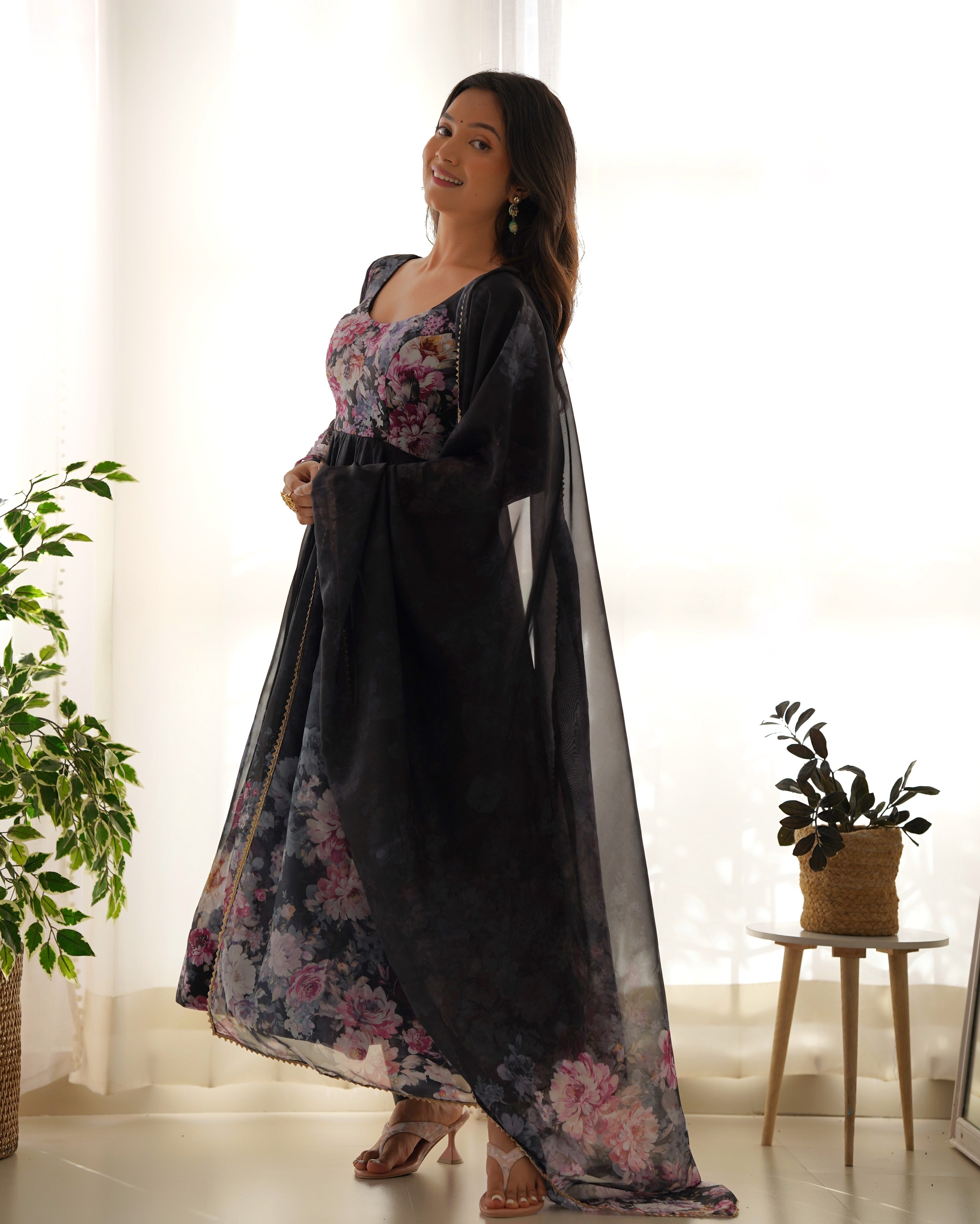 Organza Silk Printed Anarkali Set – Black