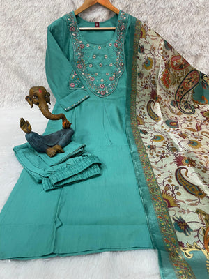 Premium Marina Silk Embroidered Straight Kurti Set – See Green