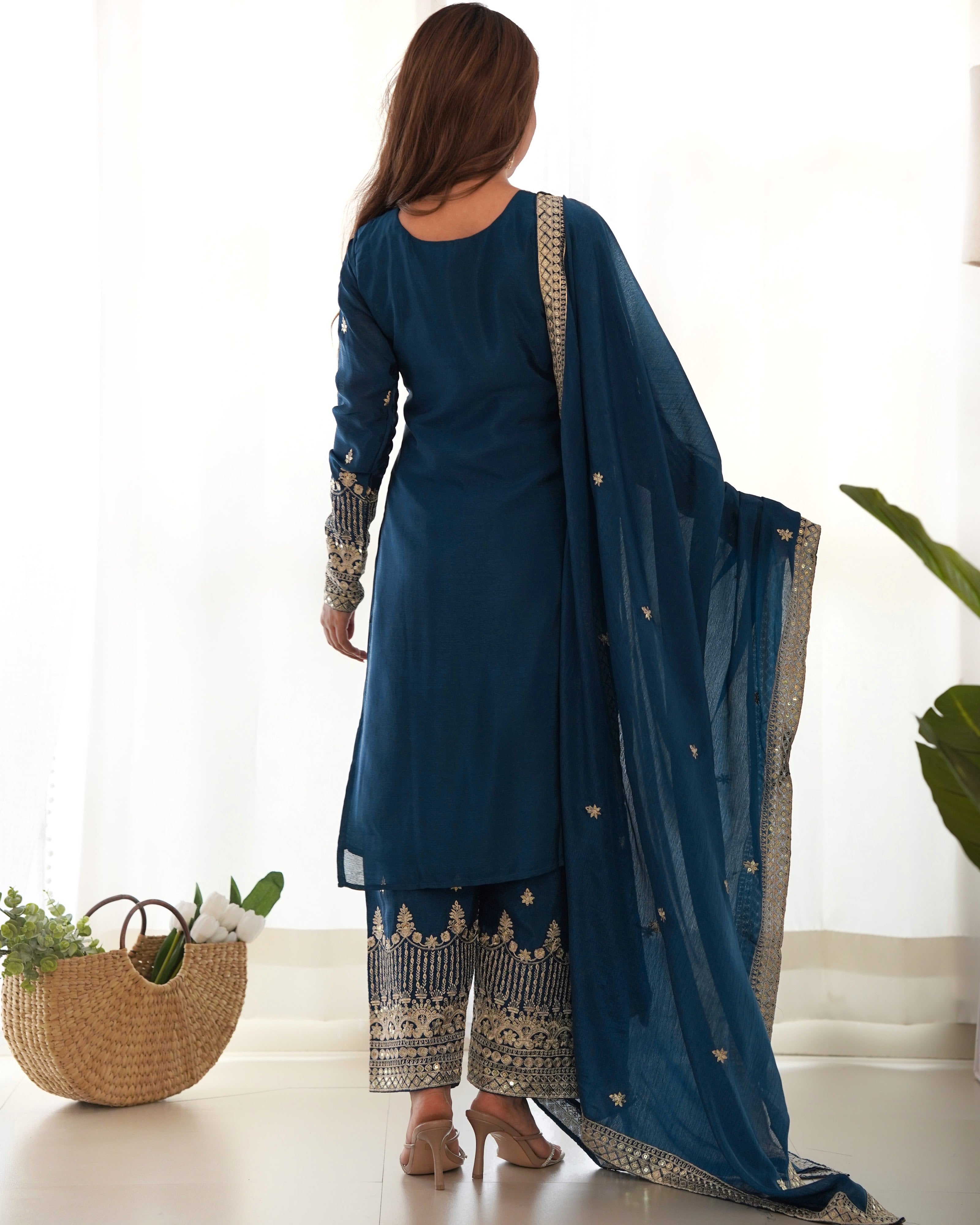 Chinon Silk Embroidered Straight Kurta Set – Navy Blue