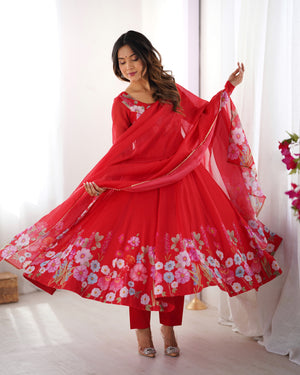 Organza Silk Printed Anarkali Set – Red