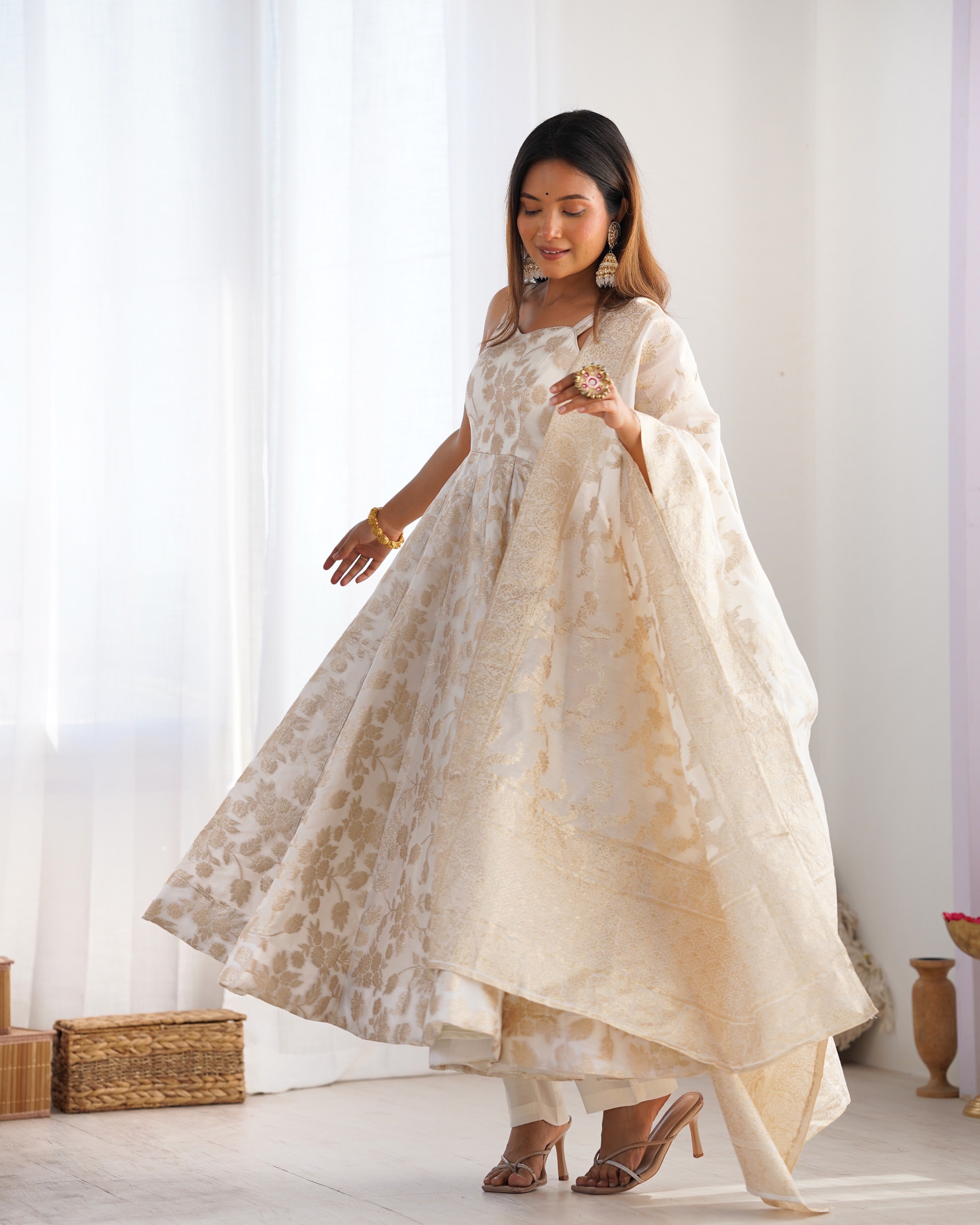 Fancy Banarasi Jackquard Dola Silk Fabric Designer Anarkali Set – Ivory