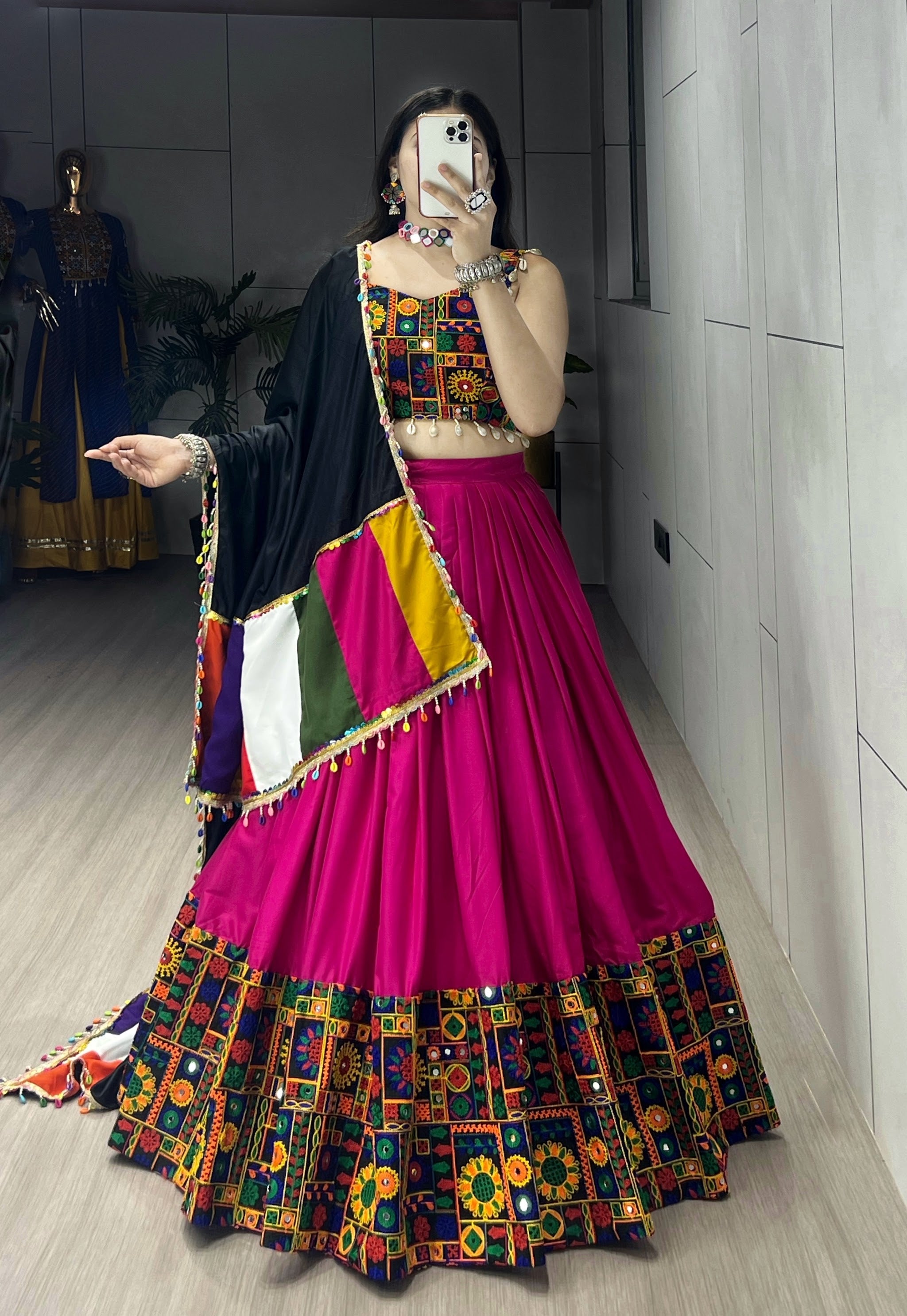 Navratri Rani Pink Gamthi Mirror Work Lehenga Set