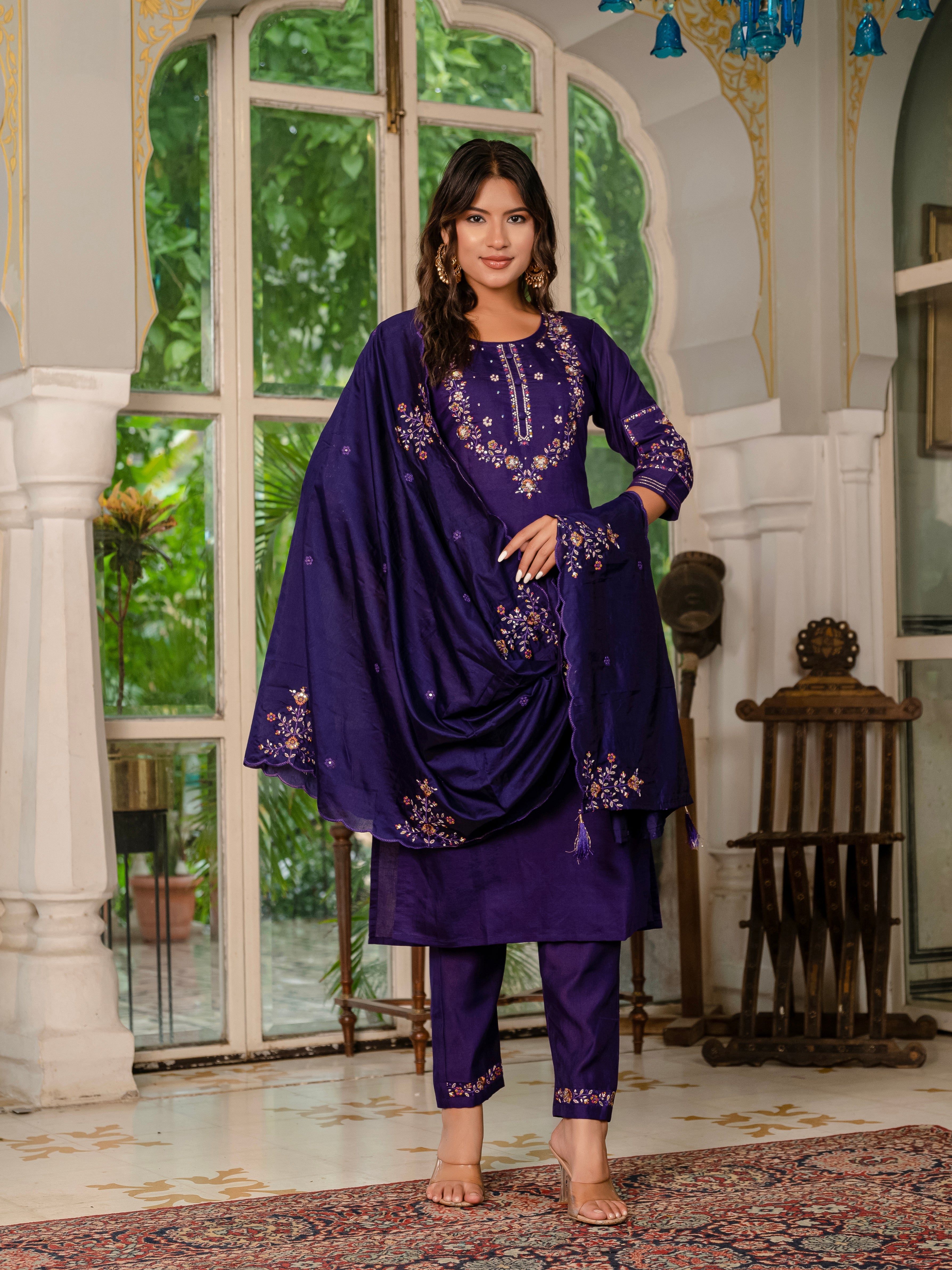 Marina Silk Embroidered Straight Kurti Set – Violet