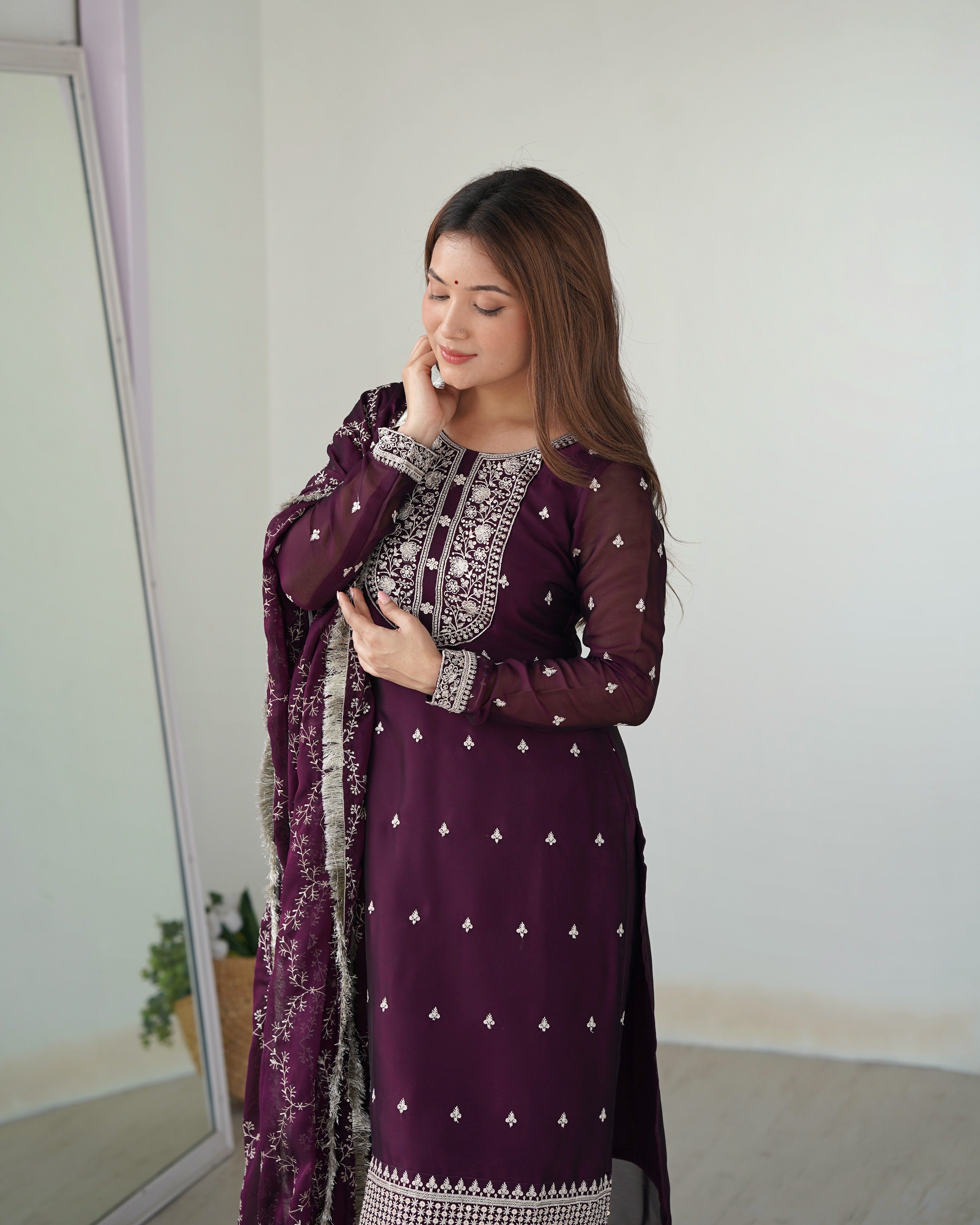 Rangoli Silk Embroidered Straight Kurta Set – Wine