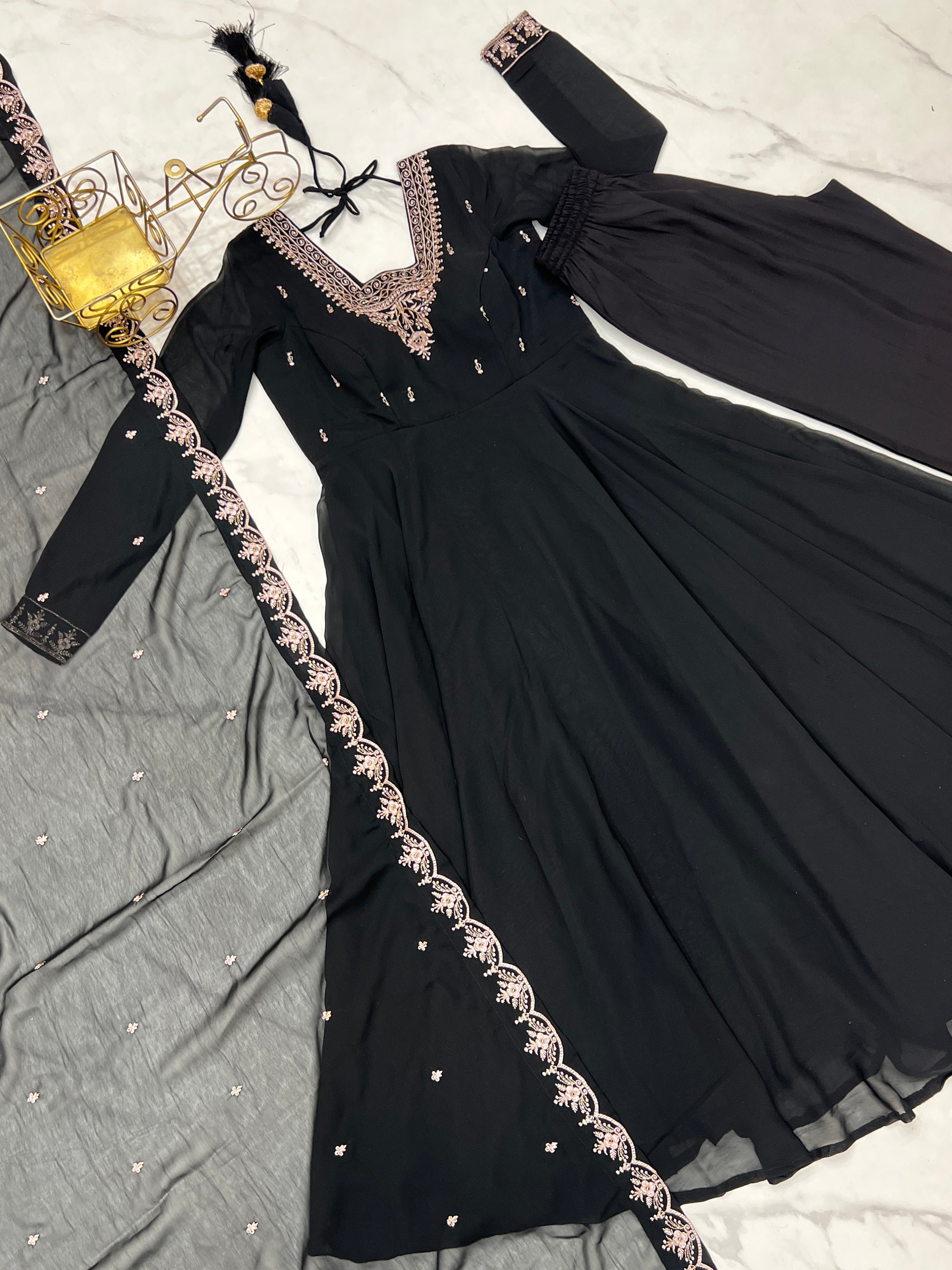 Georgette Embroidered Anarkali Set – Black