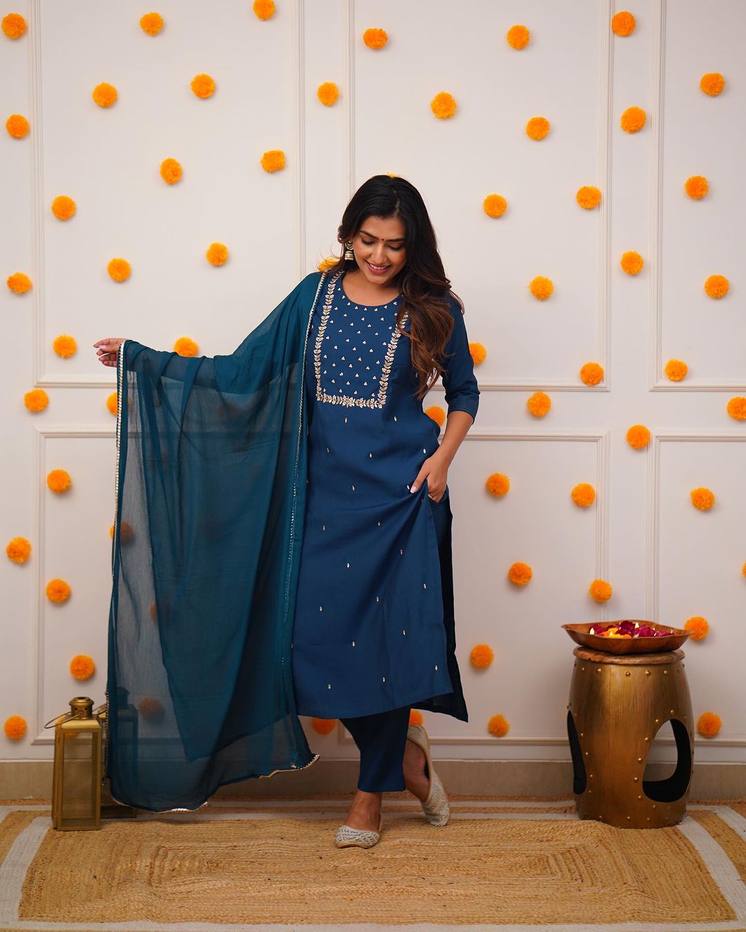 Rayon Slub Embroidered Kurta Pant Dupatta Set – Blue