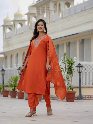 Premium Roman Silk Embroidered Straight Kurti Set – Orange