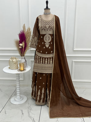 Crunchy Silk Embroidered Sharara Set – Coffee Brown