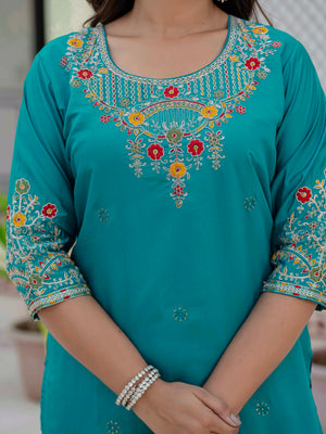 Premium Roman Silk Embroidered Straight Kurti Set – Firozi