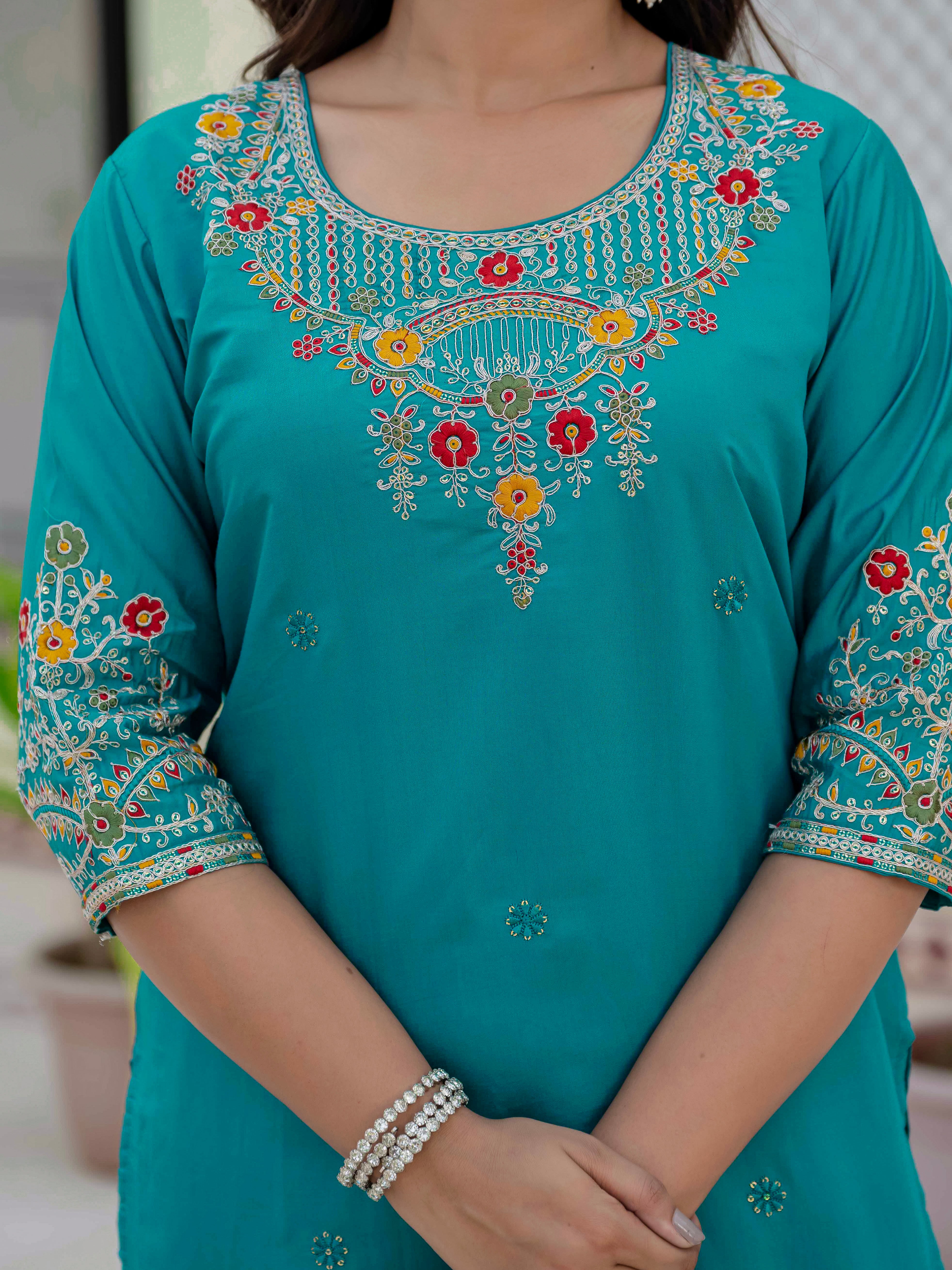 Premium Roman Silk Embroidered Straight Kurti Set – Firozi