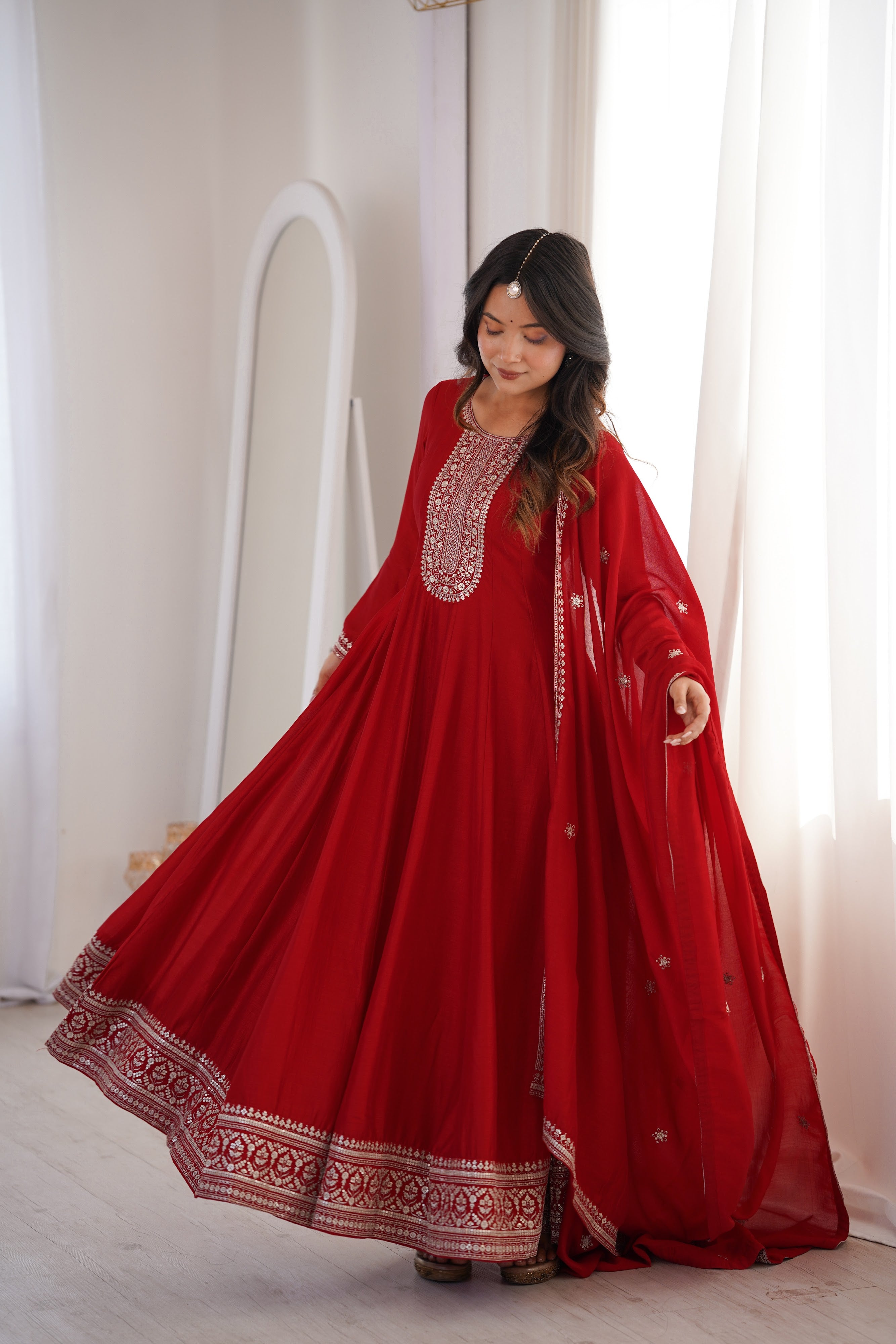 Vichitra Silk Embroidered Gown Set – Dark Red