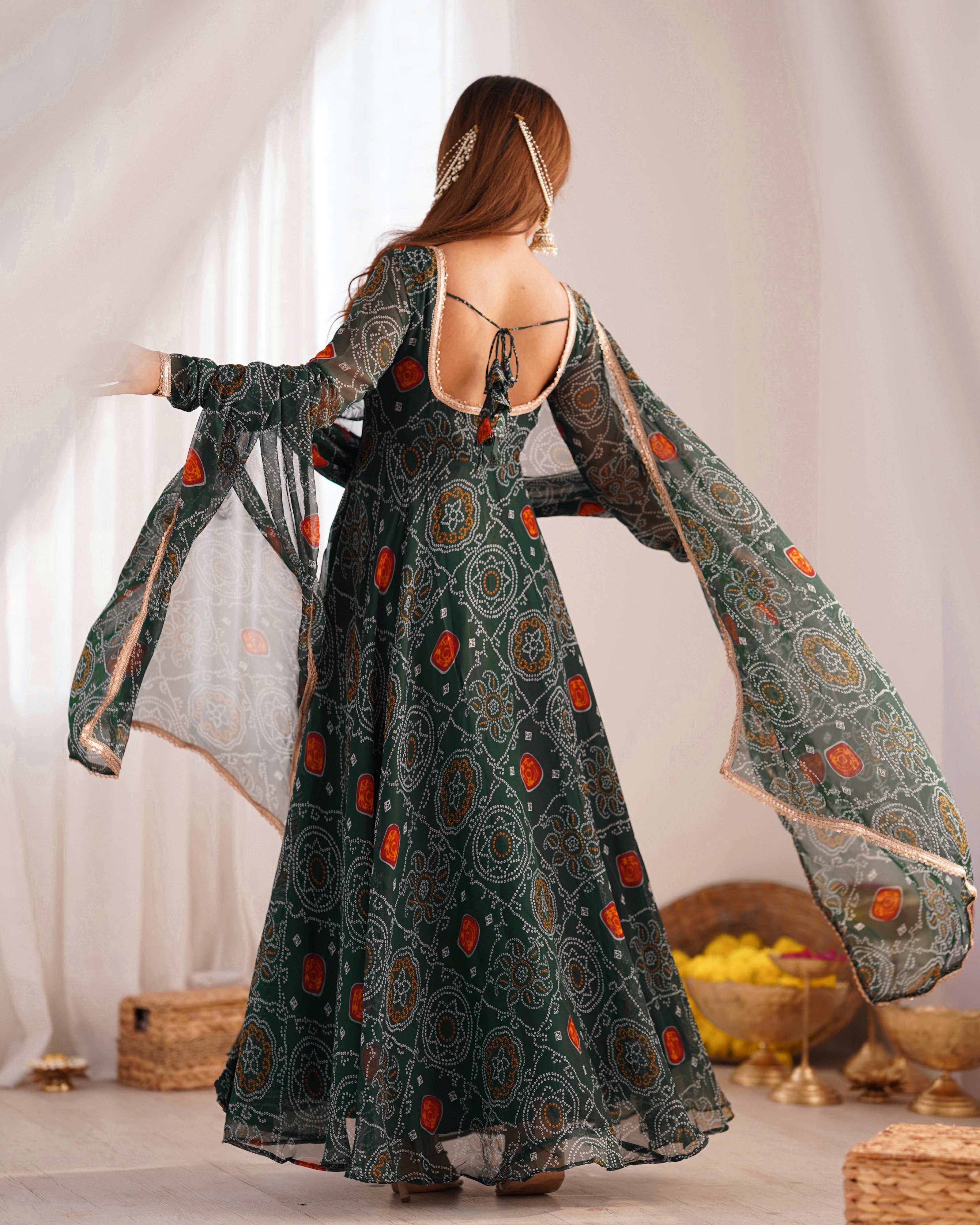 Soft Lightweight Chiffon Bandhej Fabric Inner Micro Cotton Embroidered Anarkali Set – Green