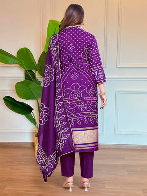 Viscose Embroidered Kurta Pant Dupatta Set – Purple