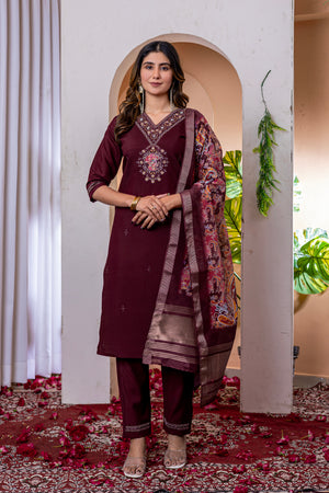 Marina Viscose Silk Embroidered Straight Kurti Set – Wine