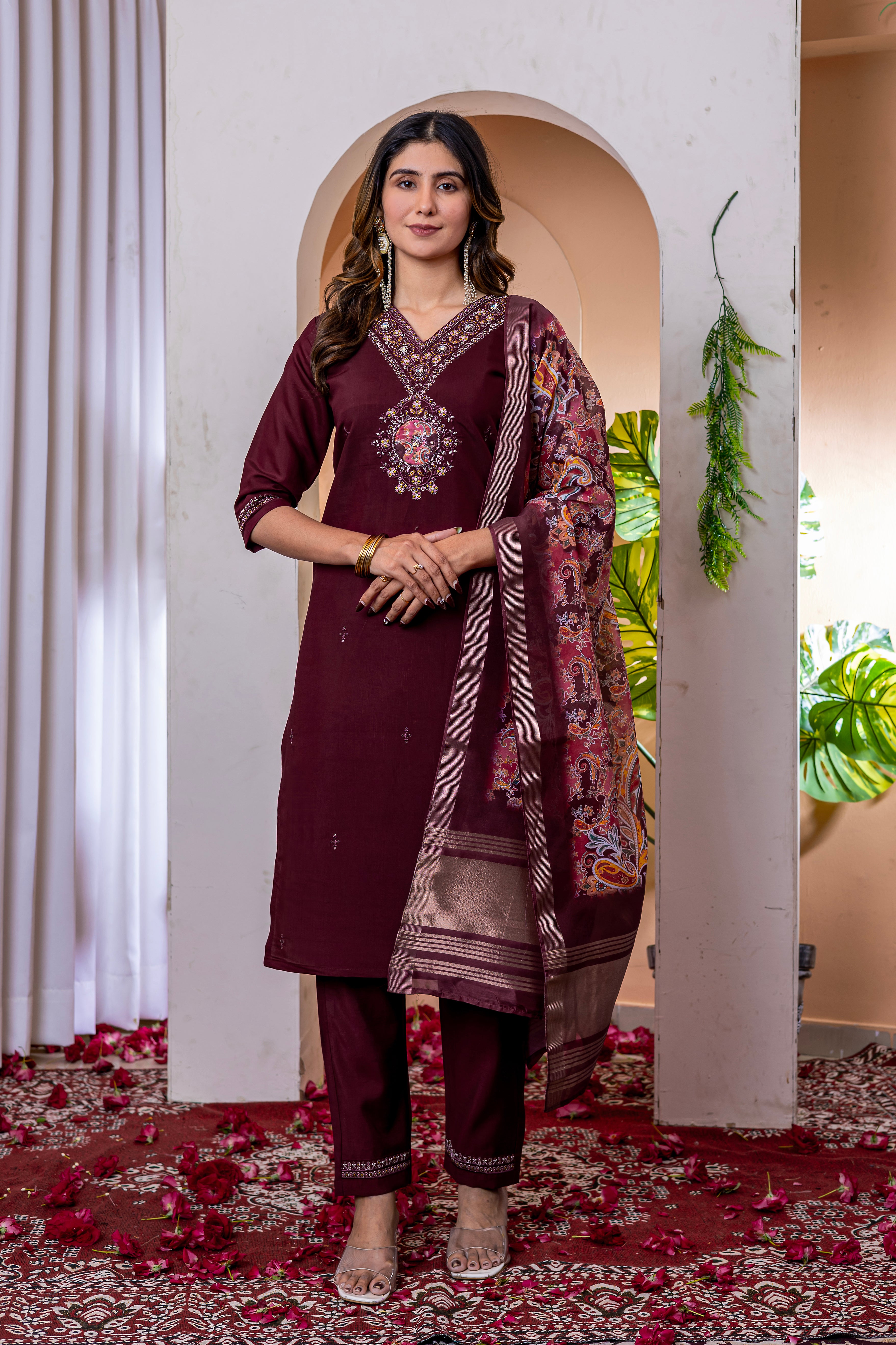 Marina Viscose Silk Embroidered Straight Kurti Set – Wine