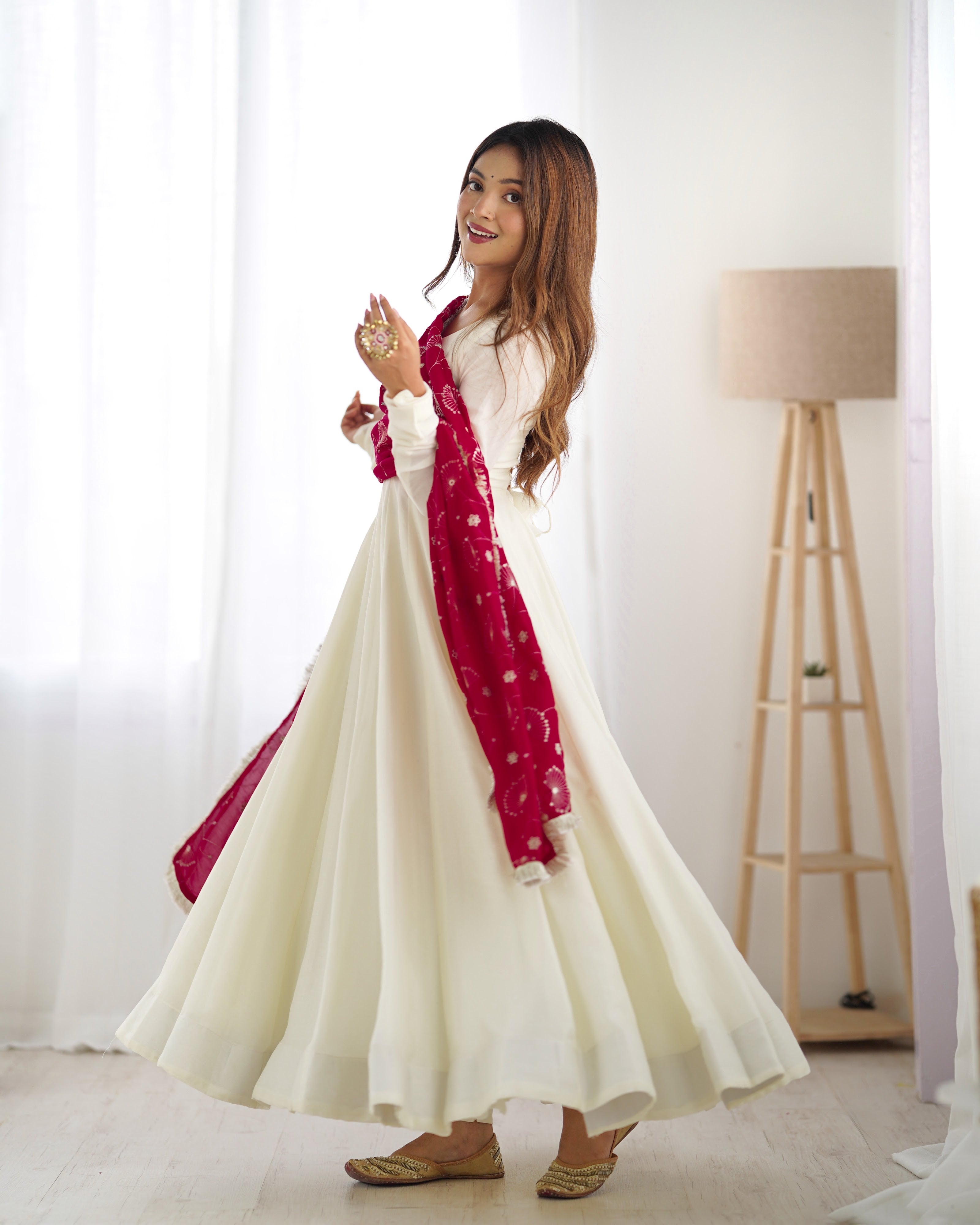 Vichitra Silk Designer Anarkali Set – Ivory & Rani Pink