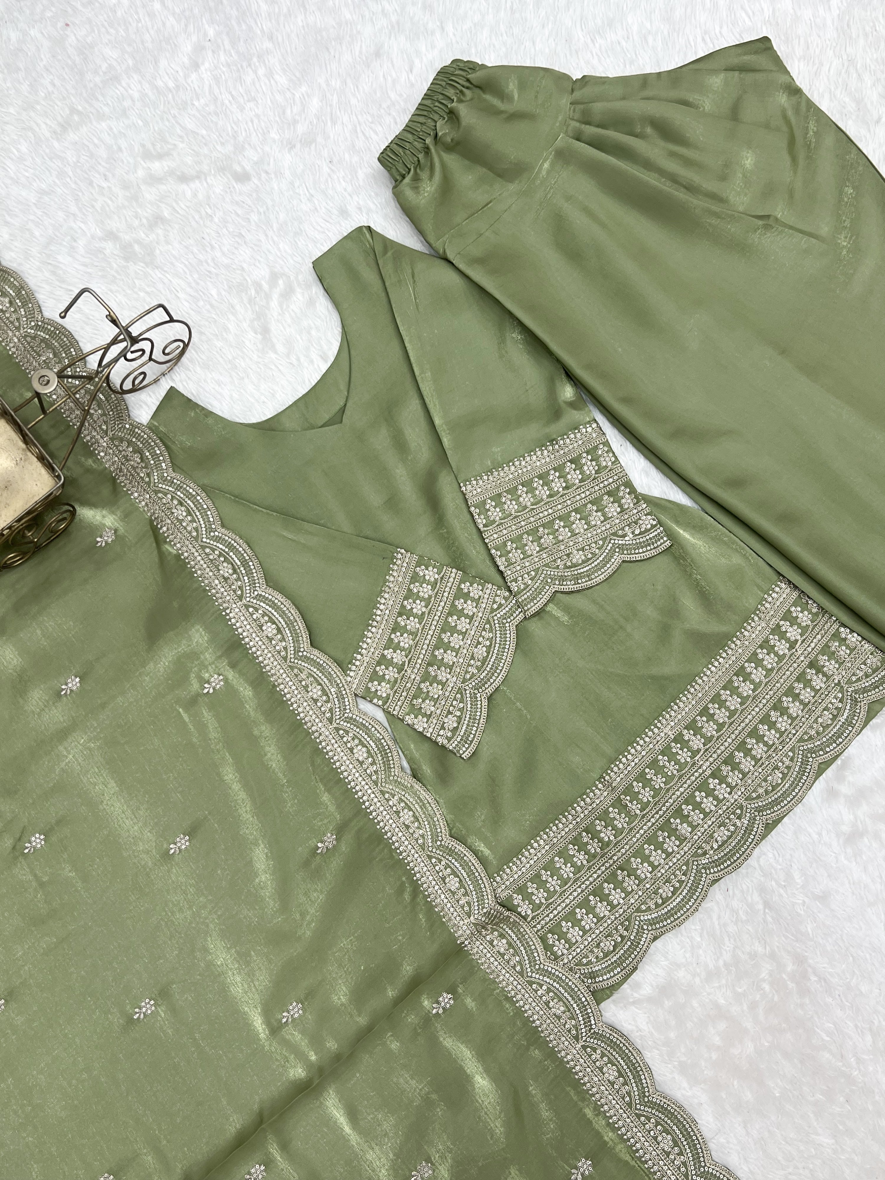 Glass Roman Silk Embroidered Farshi Salwar Set – Sage Green