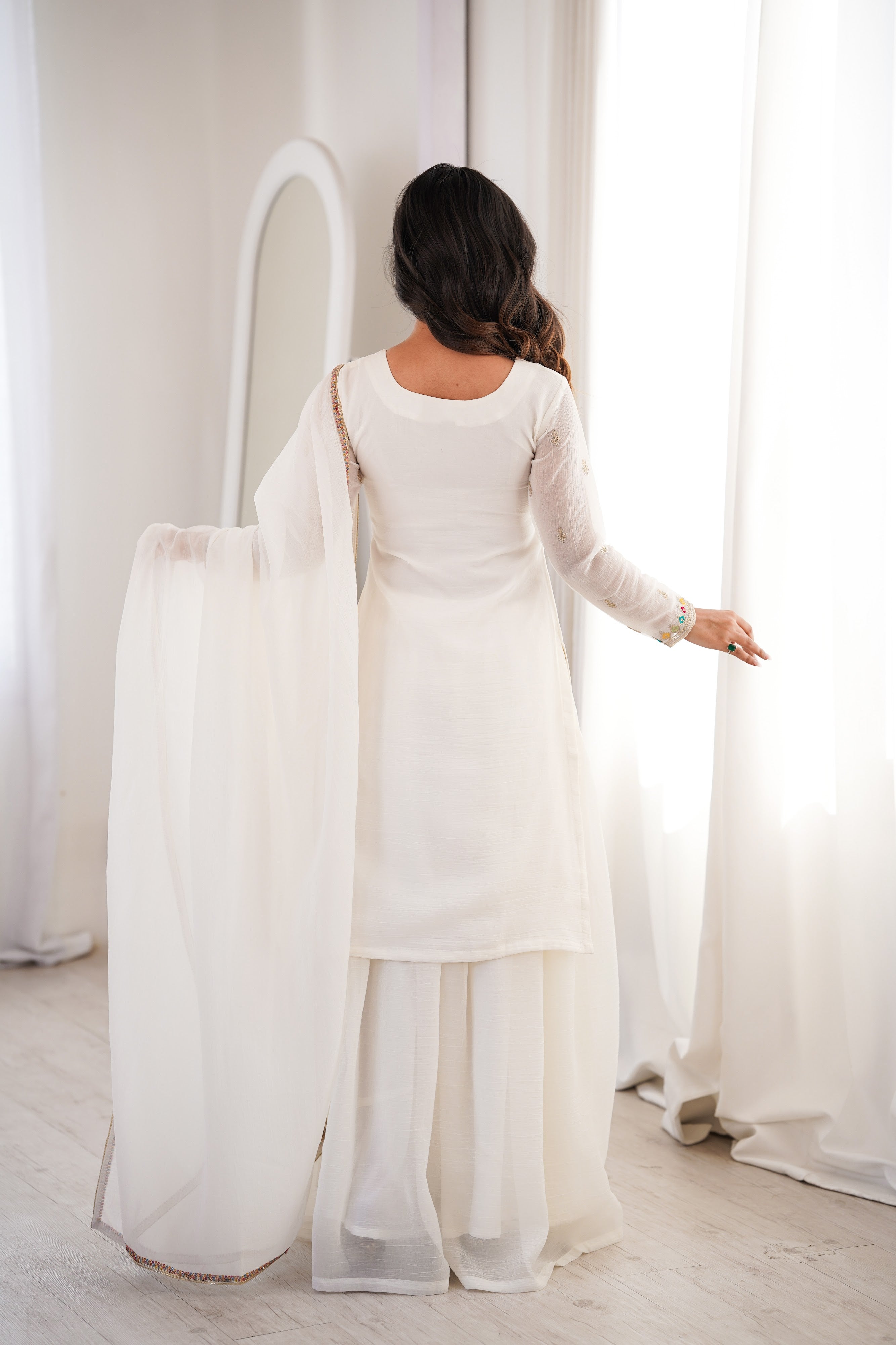 Crunchy Silk Embroidered Kurta-Sharara Set – White