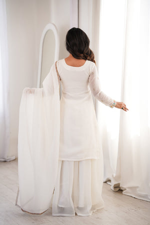 Crunchy Silk Embroidered Kurta-Sharara Set – White