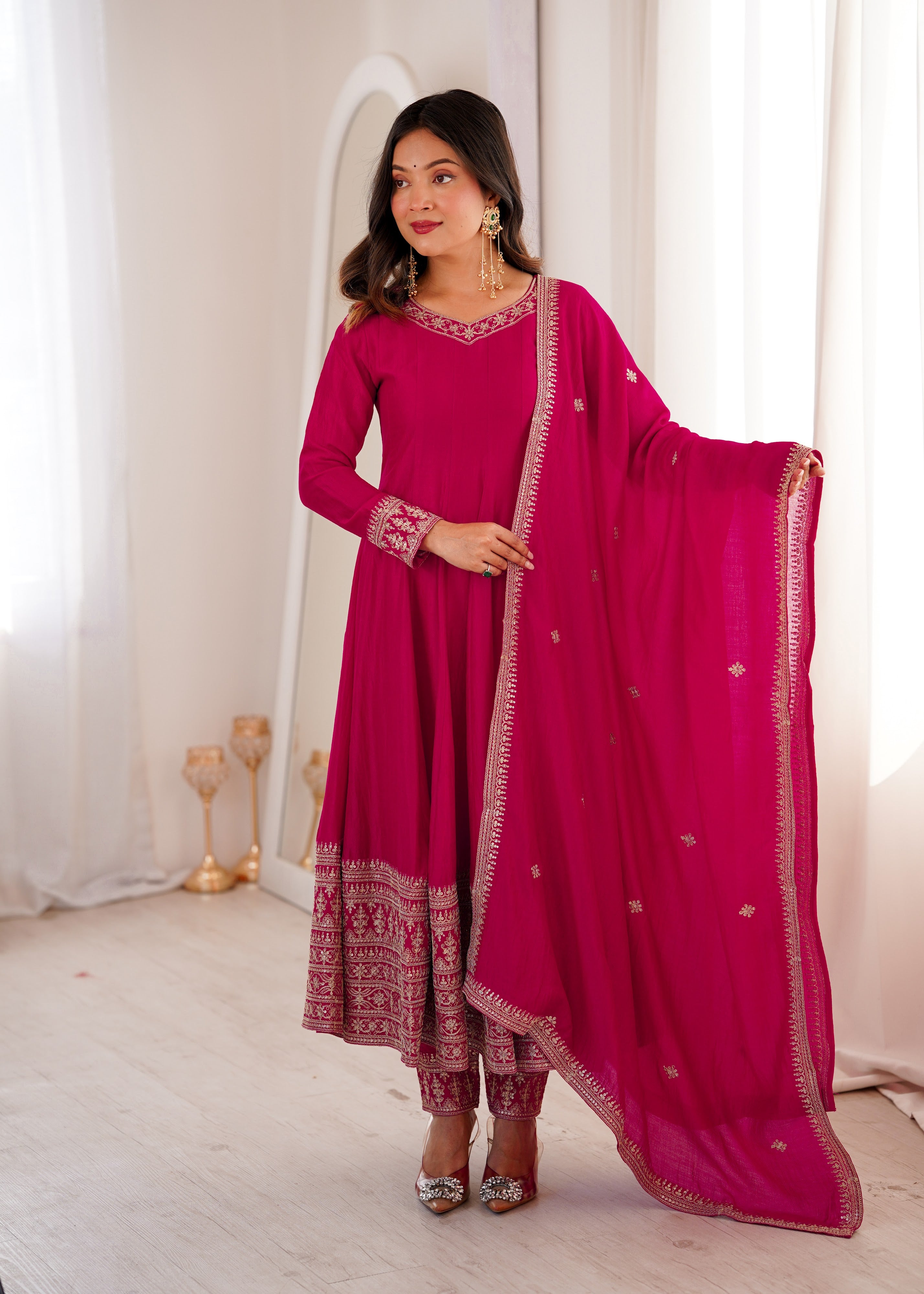Vichitra Silk Embroidered Anarkali Set – Rani Pink