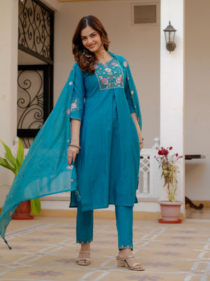 Pure Viscose Mango Silk Embroidered Straight Kurti Set – Firozi