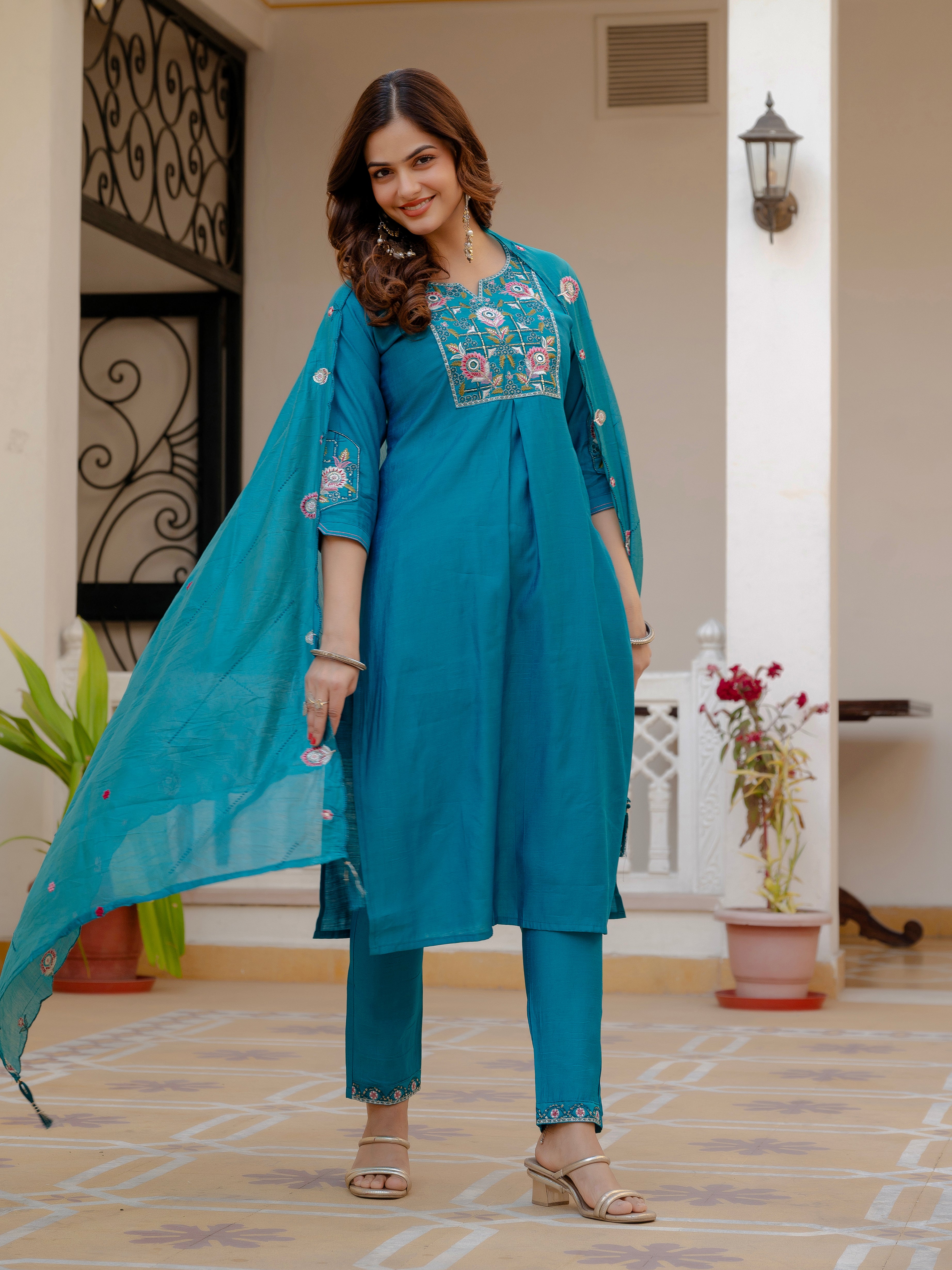 Pure Viscose Mango Silk Embroidered Straight Kurti Set – Firozi