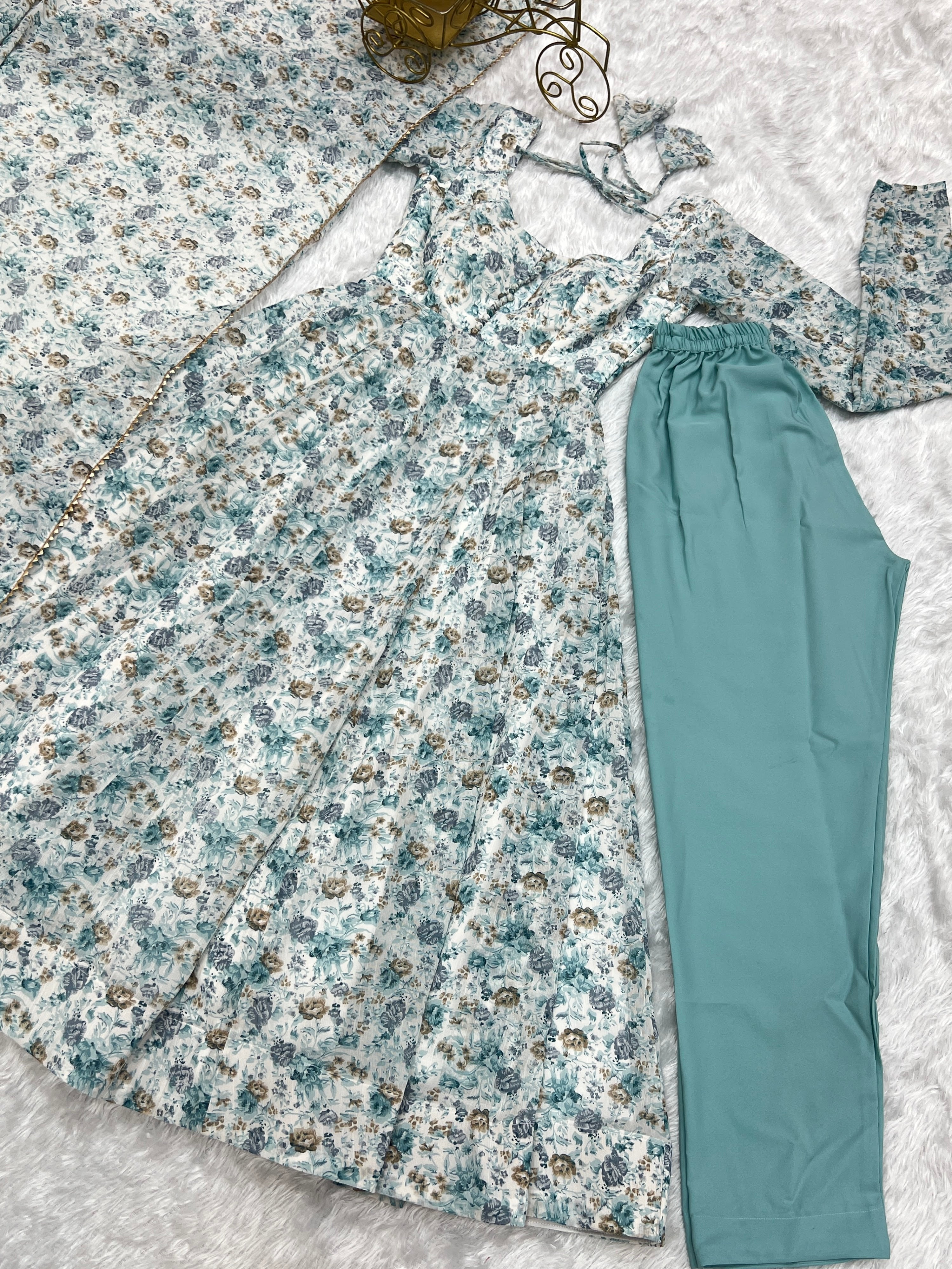 Heavy Orange Chiffon Floral Print Printed Anarkali Set – White Blue