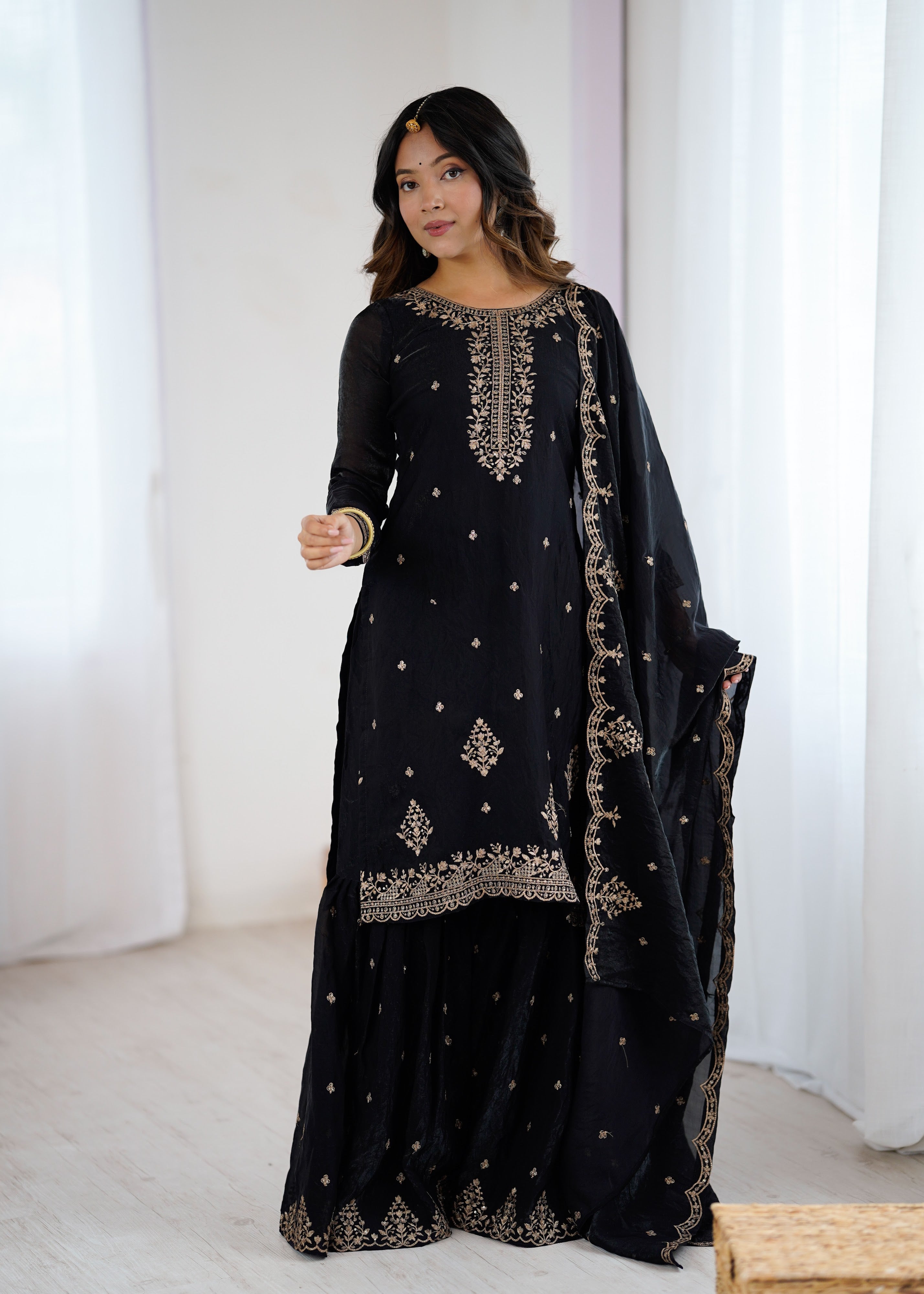 Crunchy Silk Embroidered Kurta-Sharara Set – Black