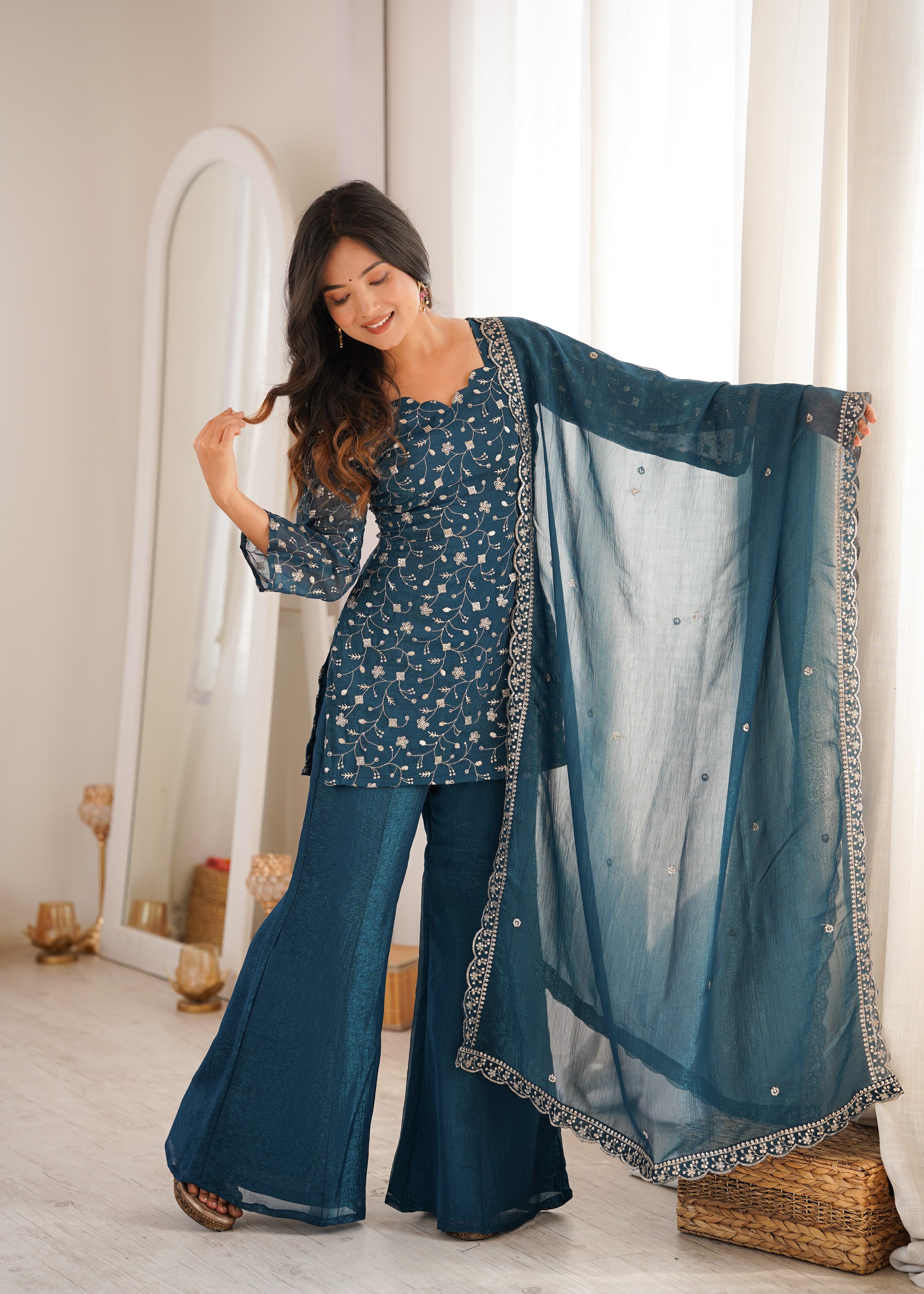 Crunchy Silk Embroidered Bell Bottom Set – Teal Blue