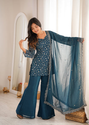 Crunchy Silk Embroidered Bell Bottom Set – Teal Blue