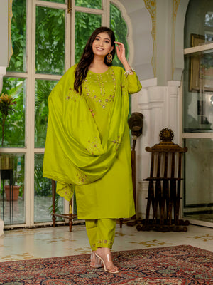 Marina Silk Embroidered Straight Kurti Set – Parrot Green