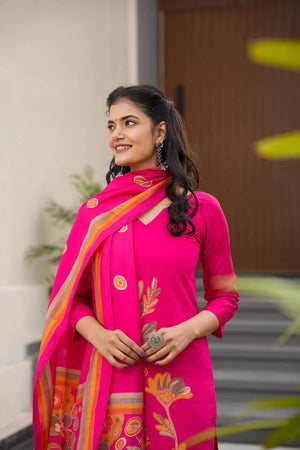 French Crepe Printed Kurta Pant Dupatta Set – Rani Pink