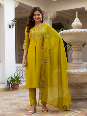 Pure Viscose Mango Silk Embroidered Straight Kurti Set – Yellow