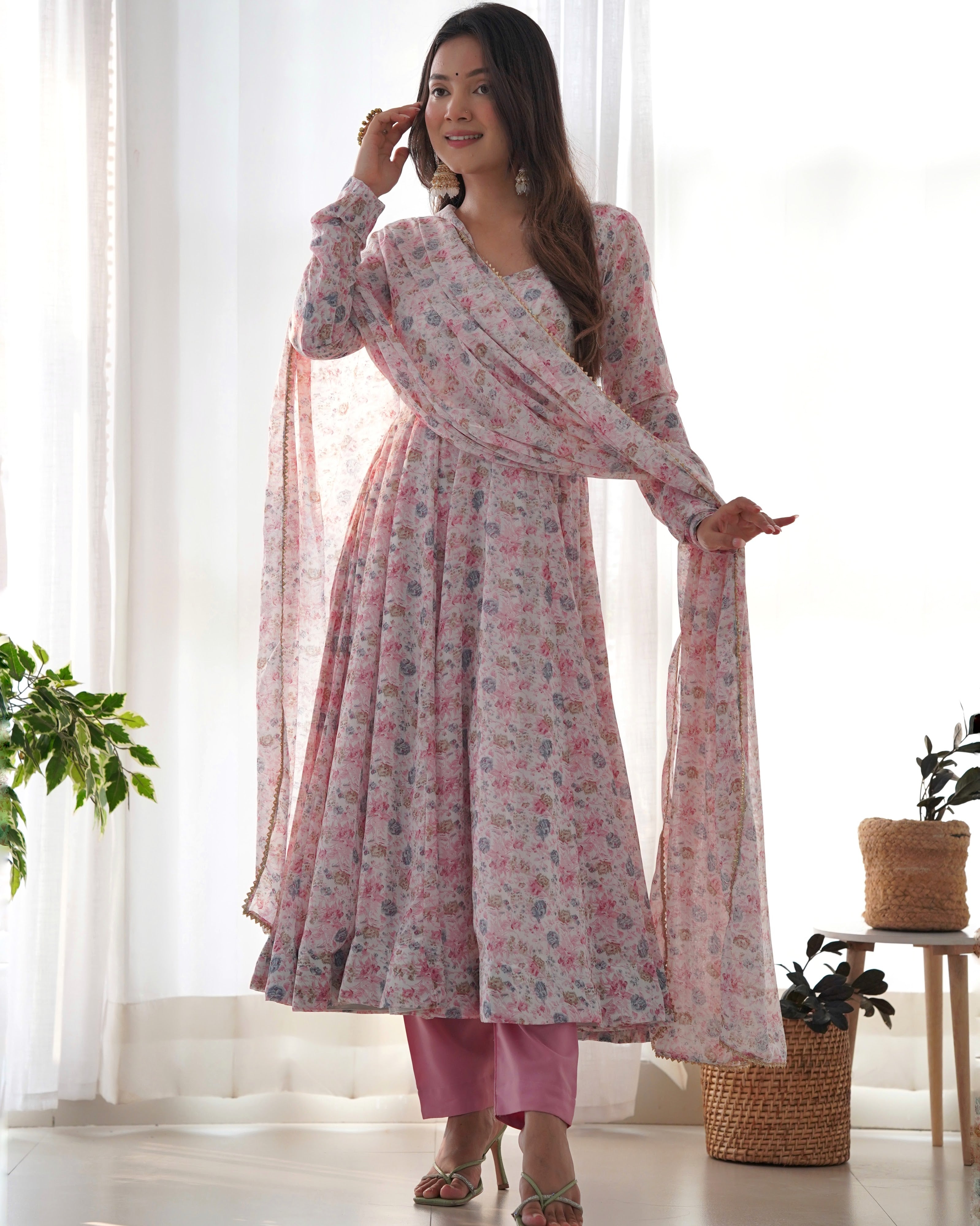 Heavy Orange Chiffon Floral Print Printed Anarkali Set – White Pink
