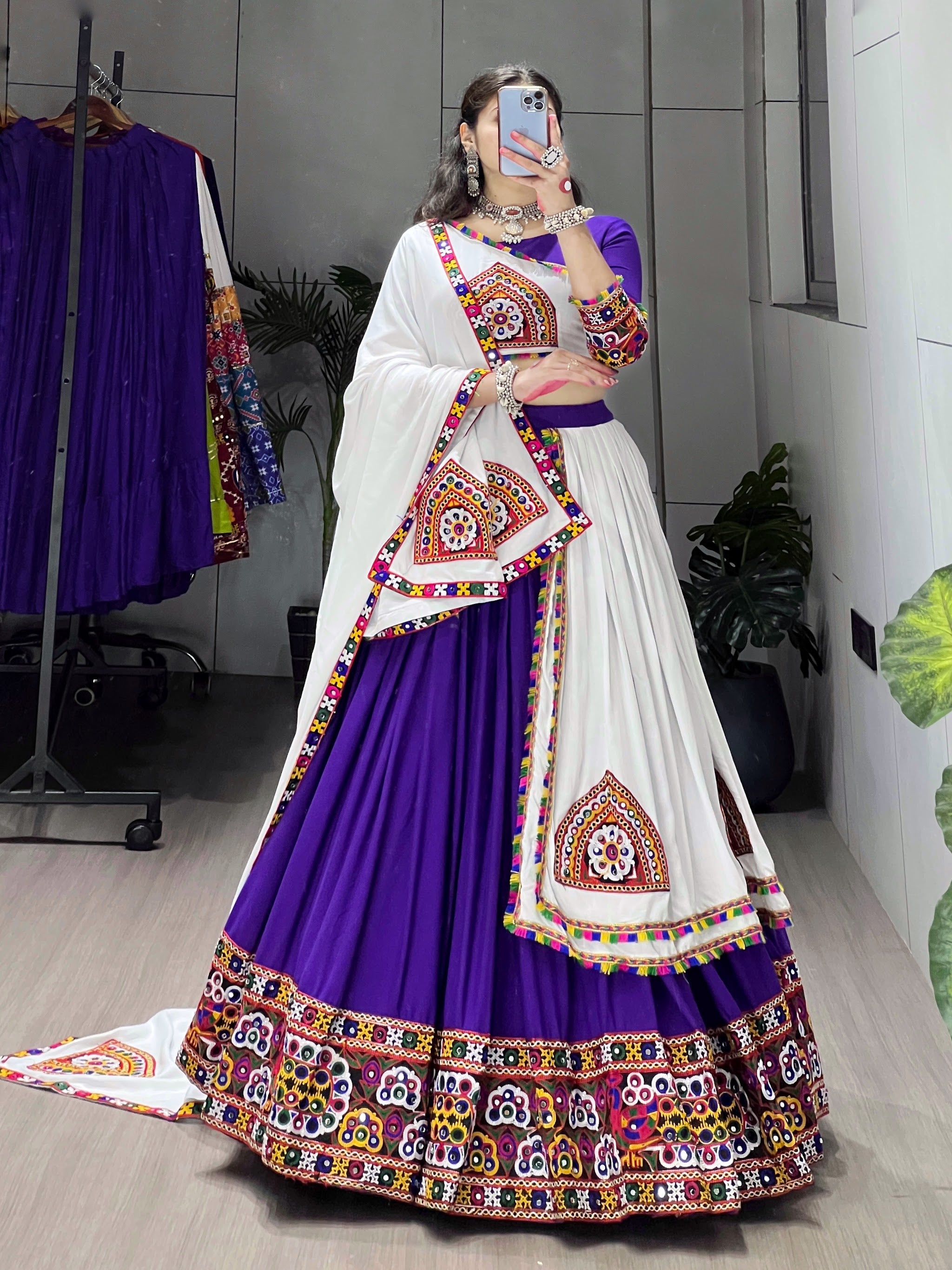 Navratri Purple White Arches Patch Work Lehenga Set