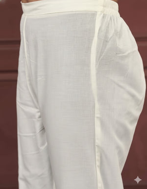 Rayon Slub Embroidered Kurta Pant Dupatta Set – Ivory